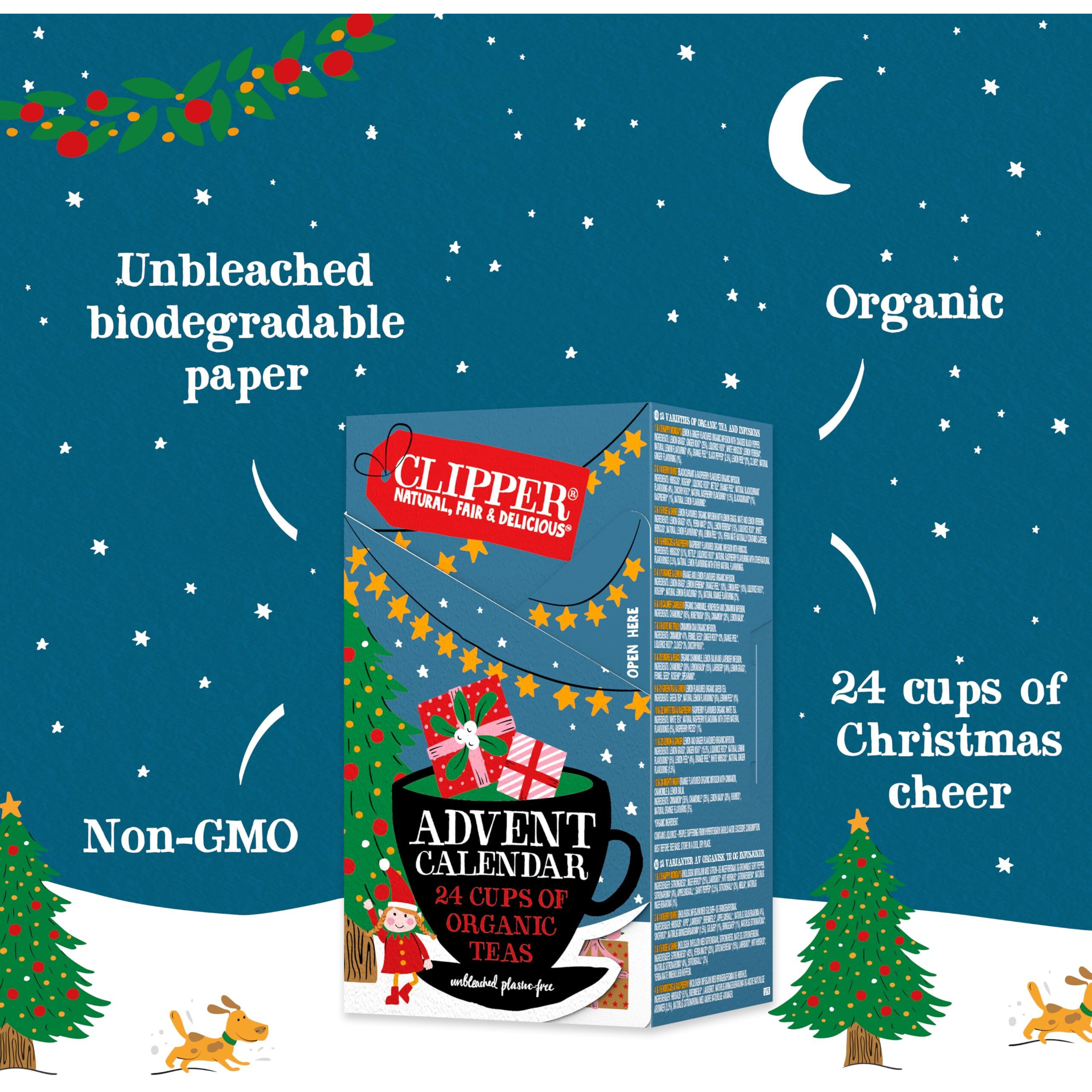 Clipper Tea, Christmas Advent Holiday Tea Calendar, 12 Natural Organic Flavors, Fairtrade, Organic & Plant-Based, British Tea, 1 Variety Pack, 24 Individual Unbleached Tea Bags