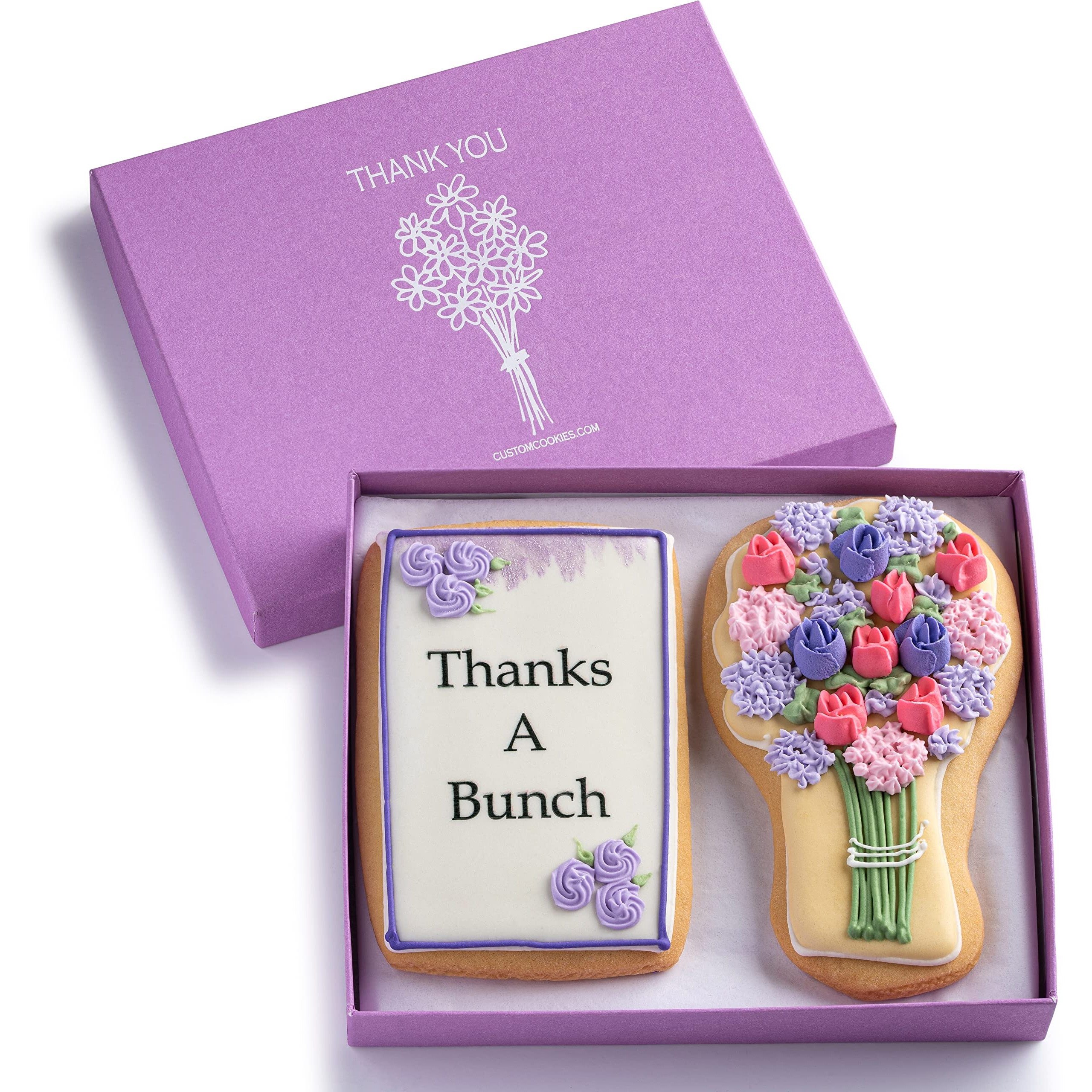 Gourmet Floral Thank You Cookie Gift Basket | 2 Large 2.5 X 4.5 In Vanilla Sugar Cookies Hand-Decorated Snack Variety Pack | Kosher Bakery Care Package For Women, Men Boys & Girls