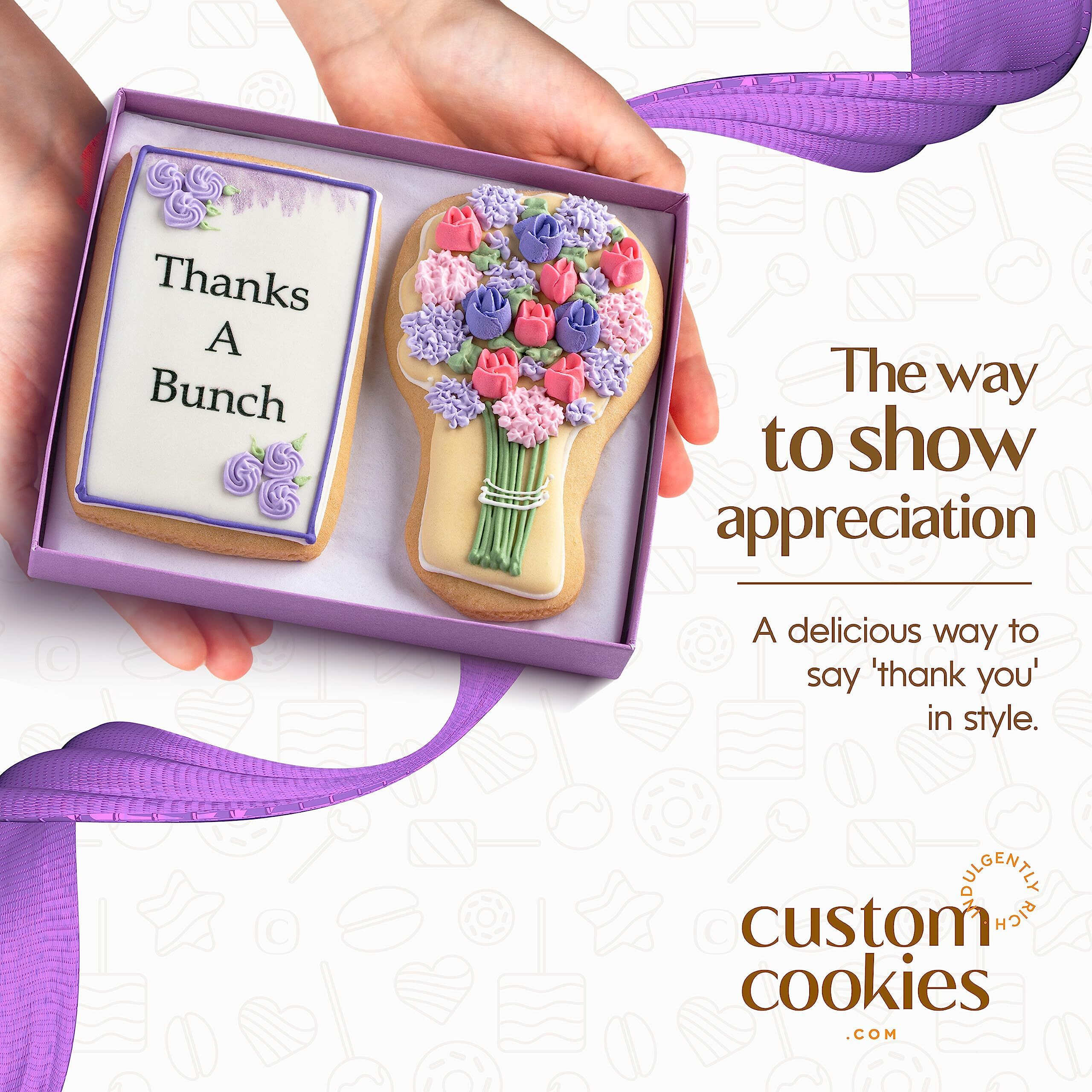 Gourmet Floral Thank You Cookie Gift Basket | 2 Large 2.5 X 4.5 In Vanilla Sugar Cookies Hand-Decorated Snack Variety Pack | Kosher Bakery Care Package For Women, Men Boys & Girls