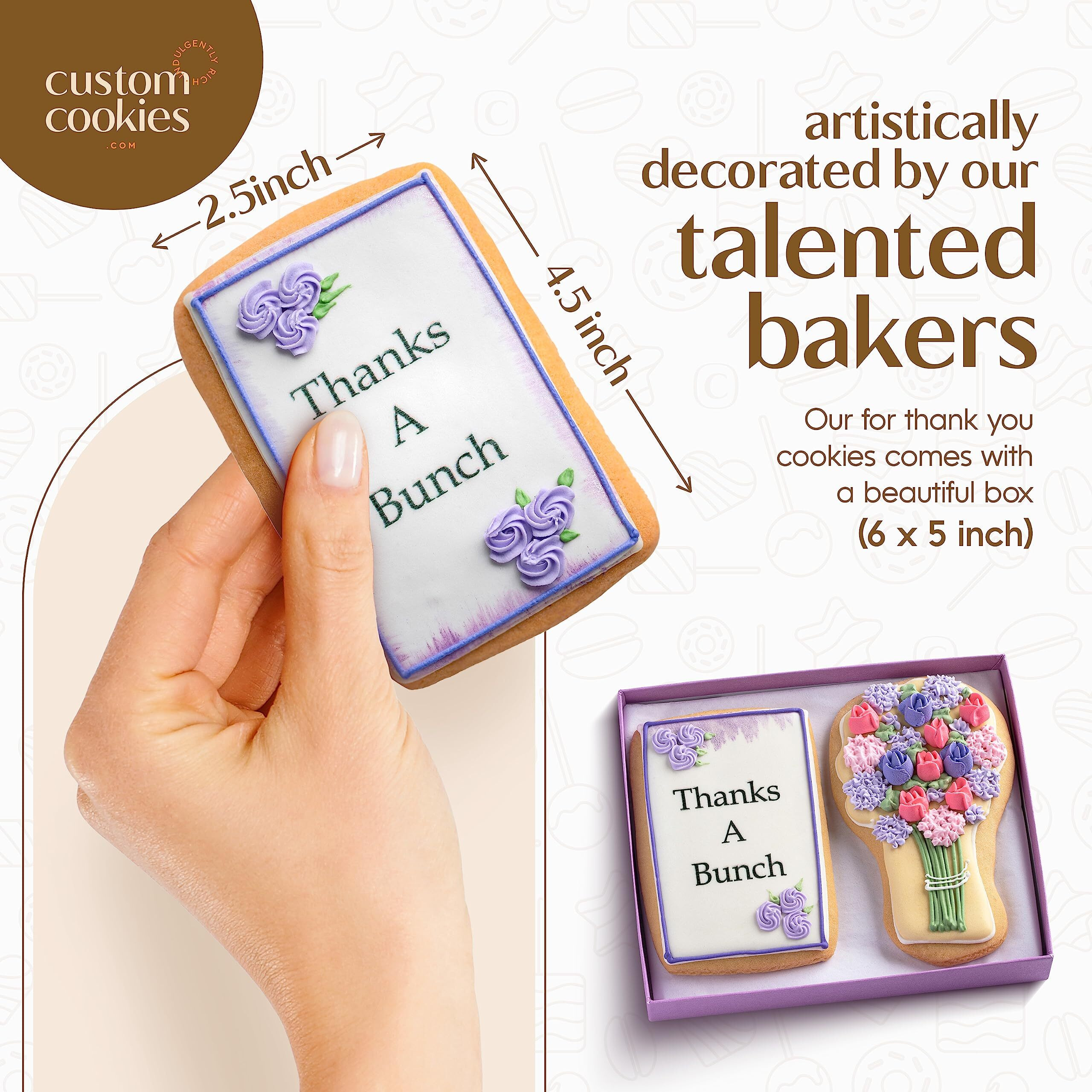 Gourmet Floral Thank You Cookie Gift Basket | 2 Large 2.5 X 4.5 In Vanilla Sugar Cookies Hand-Decorated Snack Variety Pack | Kosher Bakery Care Package For Women, Men Boys & Girls