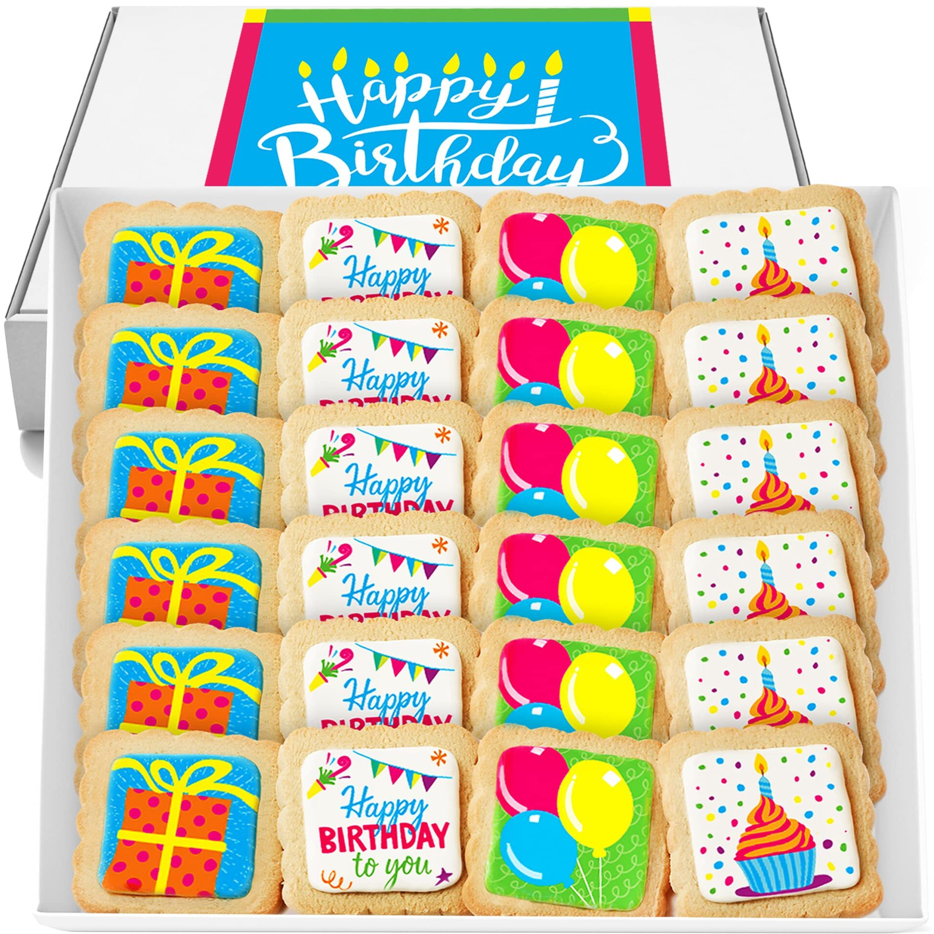 Happy Birthday Cookies 24 Pack Individually Wrapped Party Favors Gift Basket For Kids Men Women | Decorated Sugar Cookie Gift Box | Nut Free