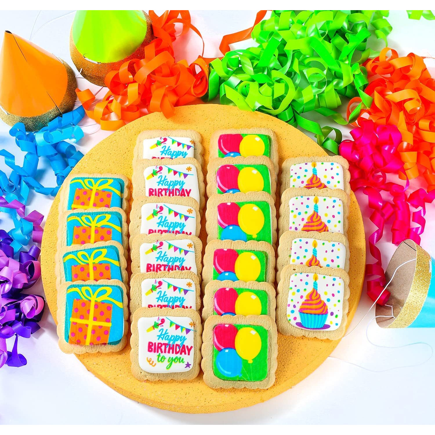 Happy Birthday Cookies 24 Pack Individually Wrapped Party Favors Gift Basket For Kids Men Women | Decorated Sugar Cookie Gift Box | Nut Free