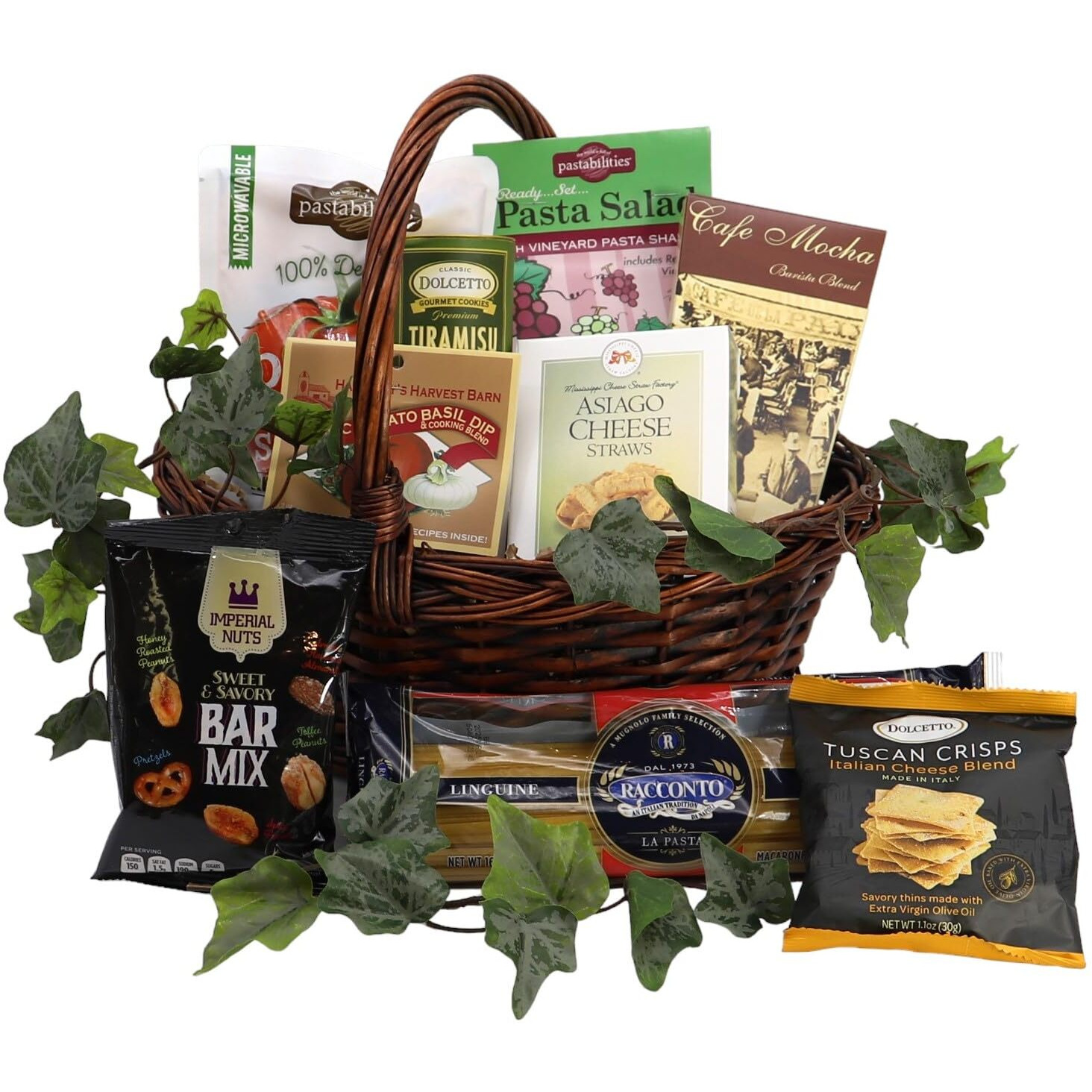 Gift Basket Village Italian Themed Dinner For Two Gourmet Pasta Assortment, Sauce, Cheese Straws, Wafers, Coffee, Crackers, Snack & Dip Mix, Whisk, 12X8X12   , 4.44 Lbs