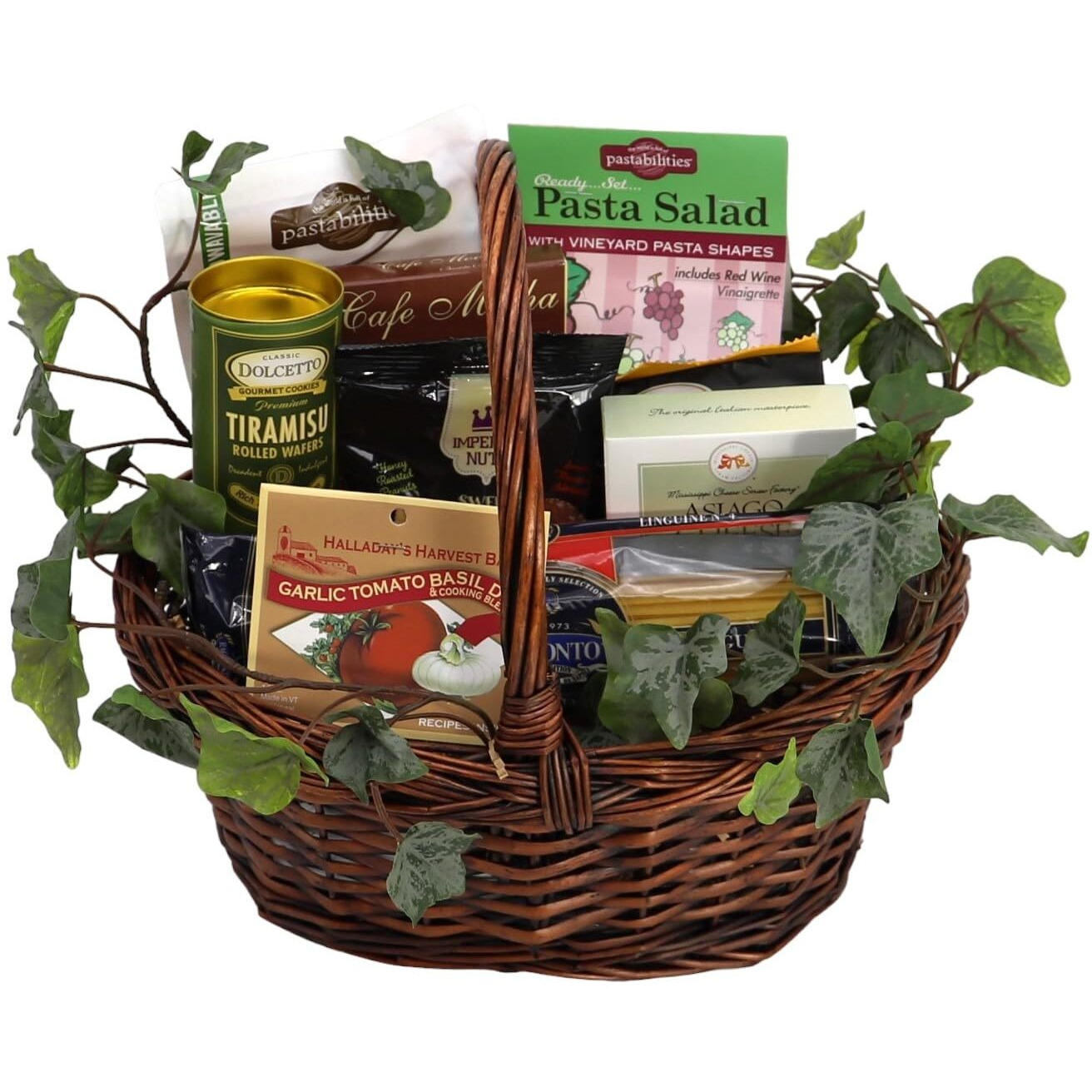 Gift Basket Village Italian Themed Dinner For Two Gourmet Pasta Assortment, Sauce, Cheese Straws, Wafers, Coffee, Crackers, Snack & Dip Mix, Whisk, 12X8X12   , 4.44 Lbs