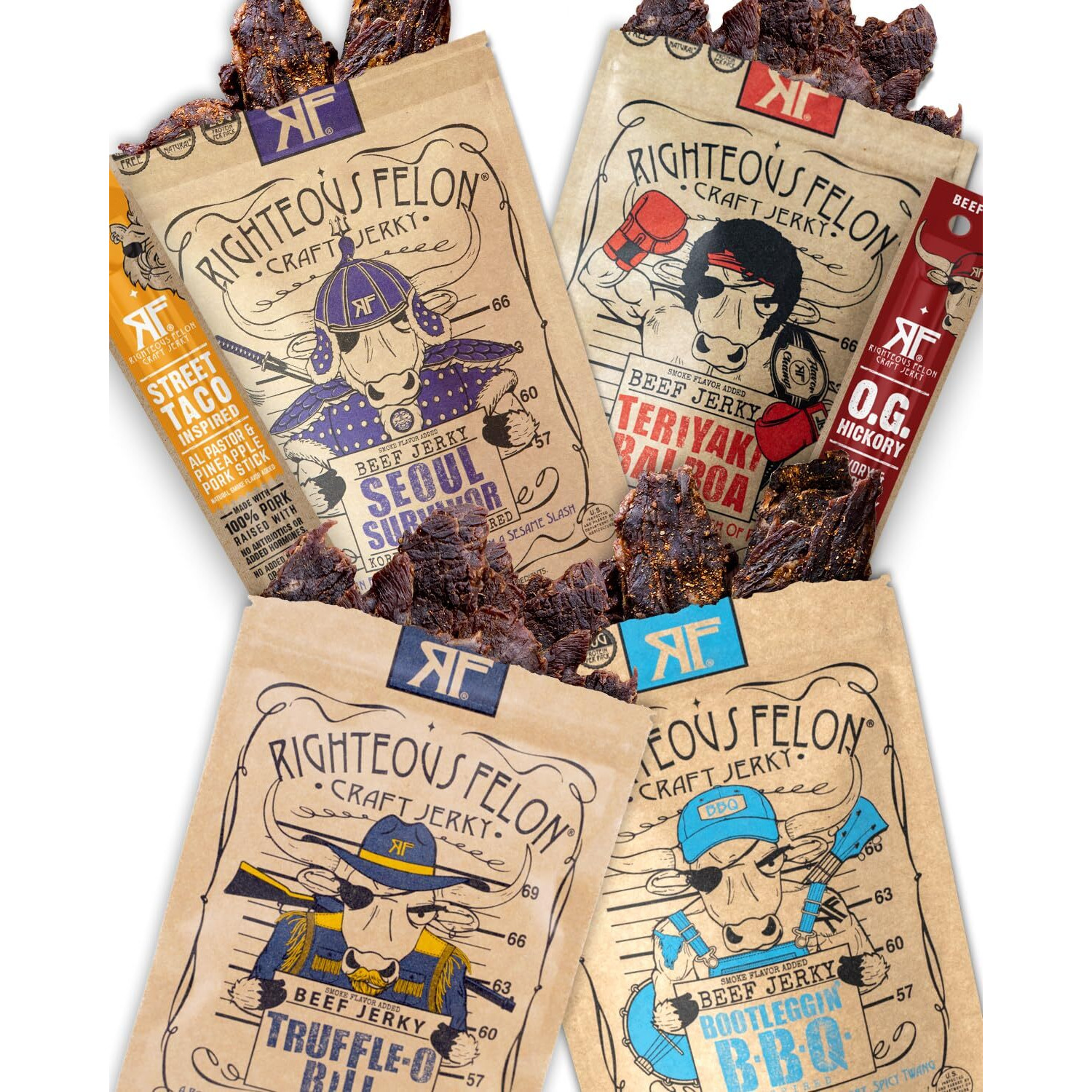 Righteous Beef Jerky Variety Pack Gift Basket - Great Gifts For Men | Gluten Free, High Protein Healthy Snack | Beef, Pork, & Turkey Jerky Variety Snack Pack | Fan Favorites 6 Pack