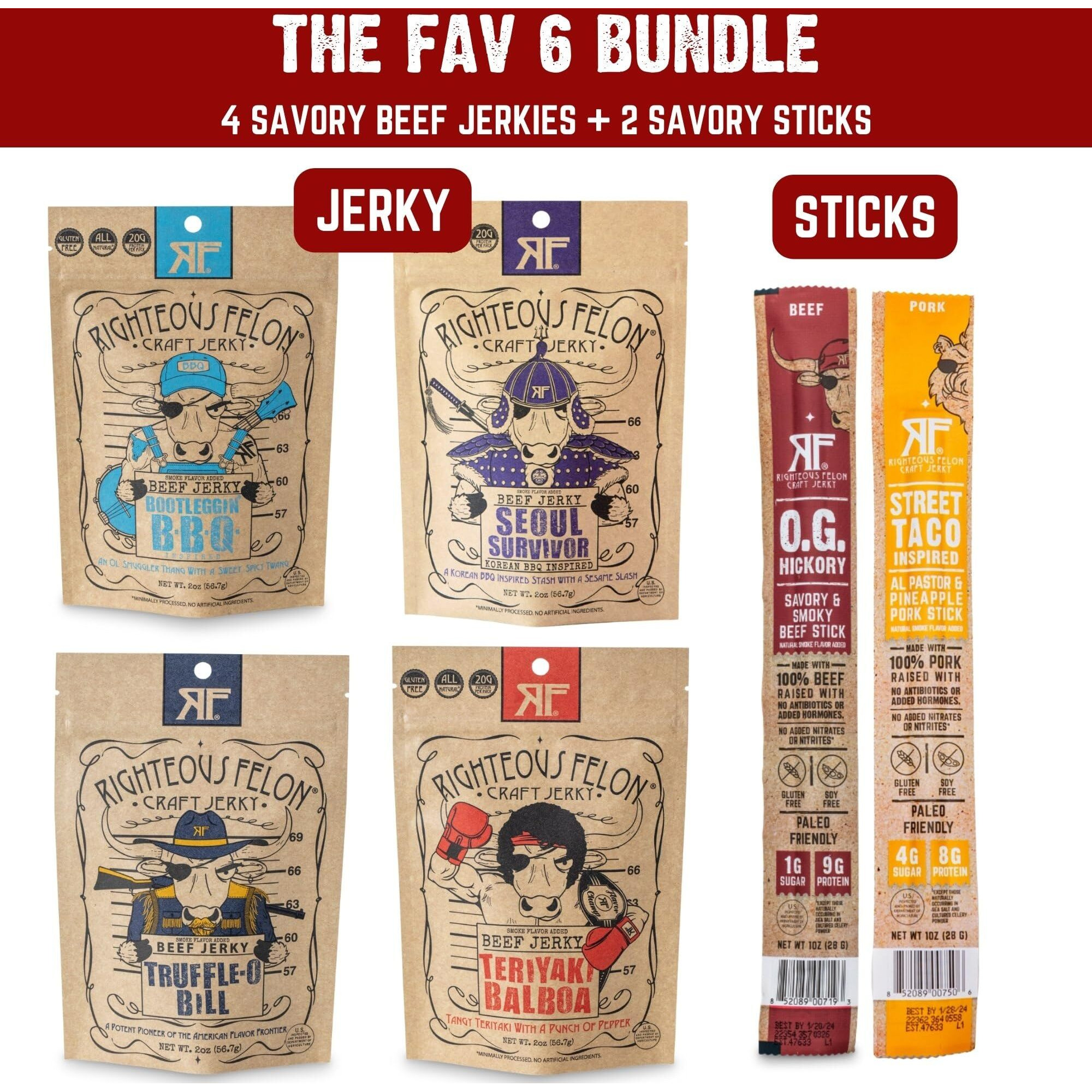 Righteous Beef Jerky Variety Pack Gift Basket - Great Gifts For Men | Gluten Free, High Protein Healthy Snack | Beef, Pork, & Turkey Jerky Variety Snack Pack | Fan Favorites 6 Pack