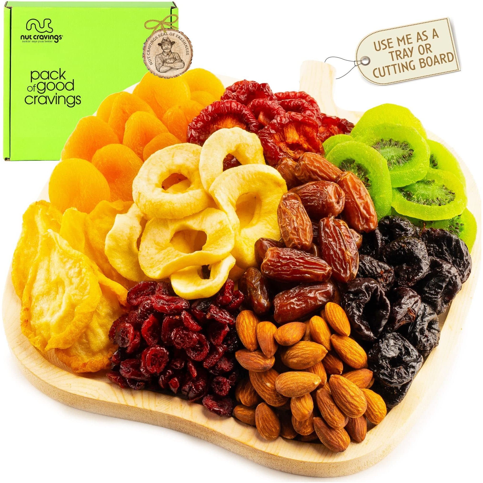 Nut Cravings Gourmet Collection - Rosh Hashana & Shana Tova Dried Fruit & Mixed Nuts Gift Basket In Wooden Apple-Shaped Tray (9 Assortments) Arrangement Platter, Healthy Kosher Usa Made