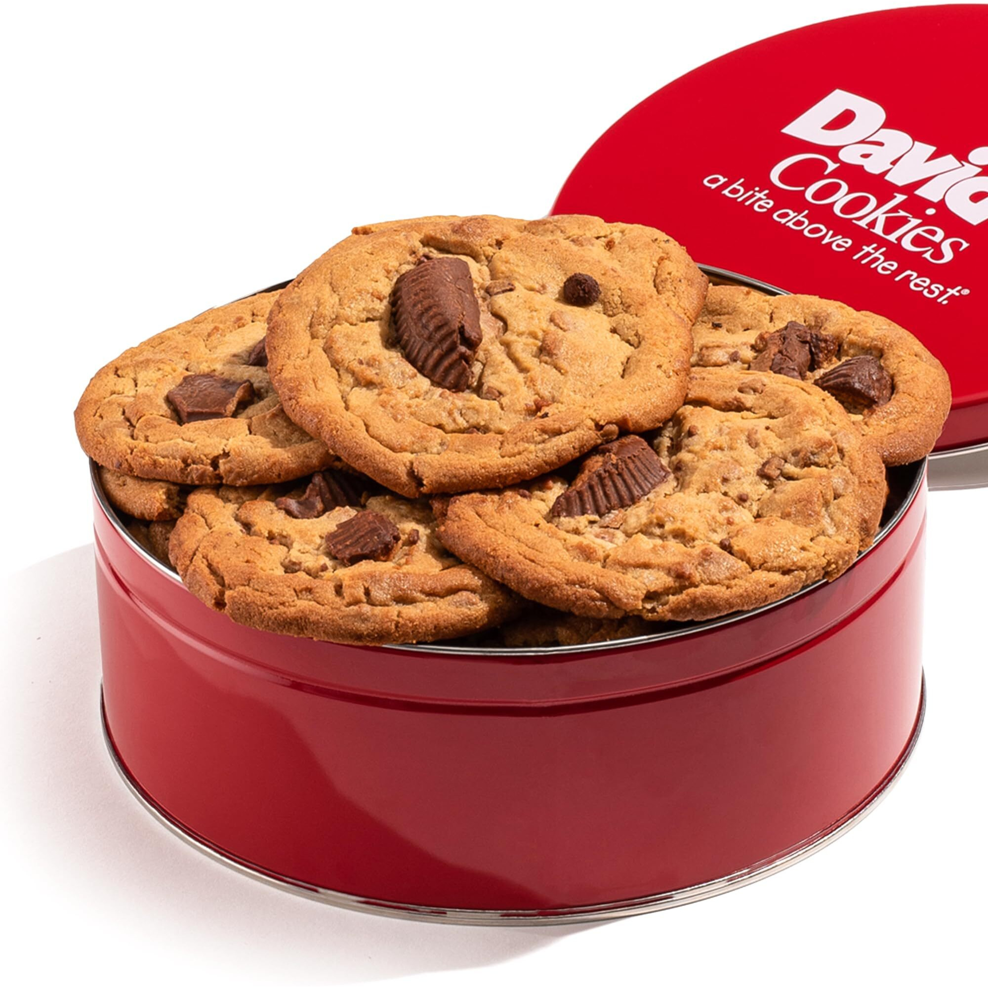 David's Cookies Peanut Butter Chunk Fresh-Baked Decadent Cookie Gift Basket Tin - Luscious Large Peanut Butter Cookies With No Added Preservatives - All-Natural Cookies - Ideal Gift For Corporate Birthday Fathers Mothers Day Get Well And Other Special Occasions - 2 Lb (8 Cookies)