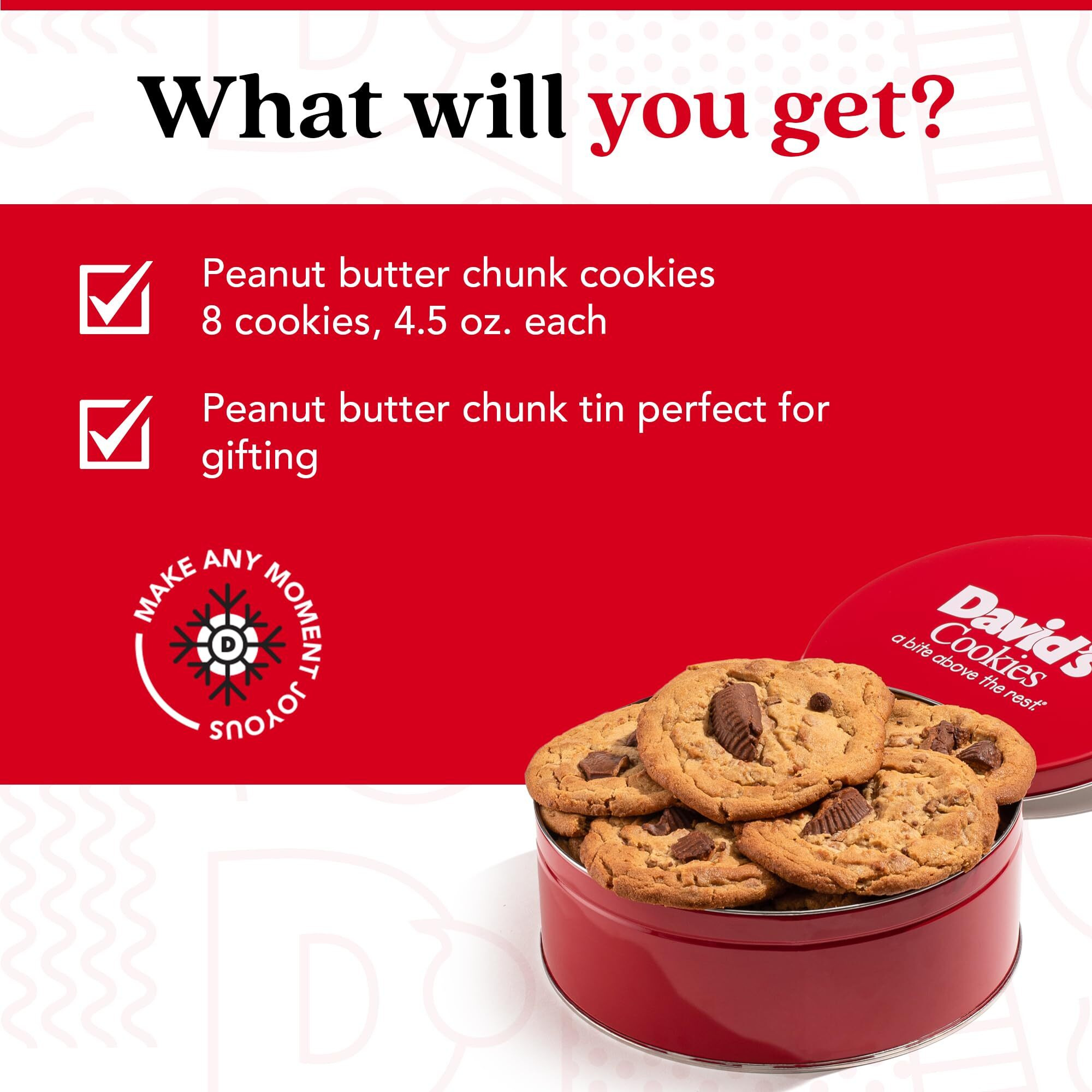 David's Cookies Peanut Butter Chunk Fresh-Baked Decadent Cookie Gift Basket Tin - Luscious Large Peanut Butter Cookies With No Added Preservatives - All-Natural Cookies - Ideal Gift For Corporate Birthday Fathers Mothers Day Get Well And Other Special Occasions - 2 Lb (8 Cookies)