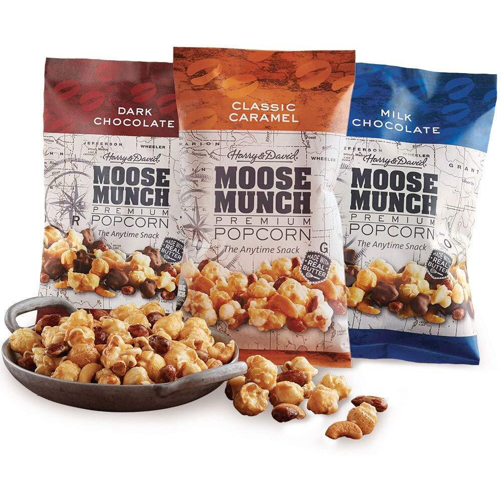 Moose Munch Premium Popcorn Trio By Harry & David, Classic Caramel, Milk And Dark Chocolate (3-Pack), Popcorn Gift Basket, Variety Pack, Movie Night Snacks