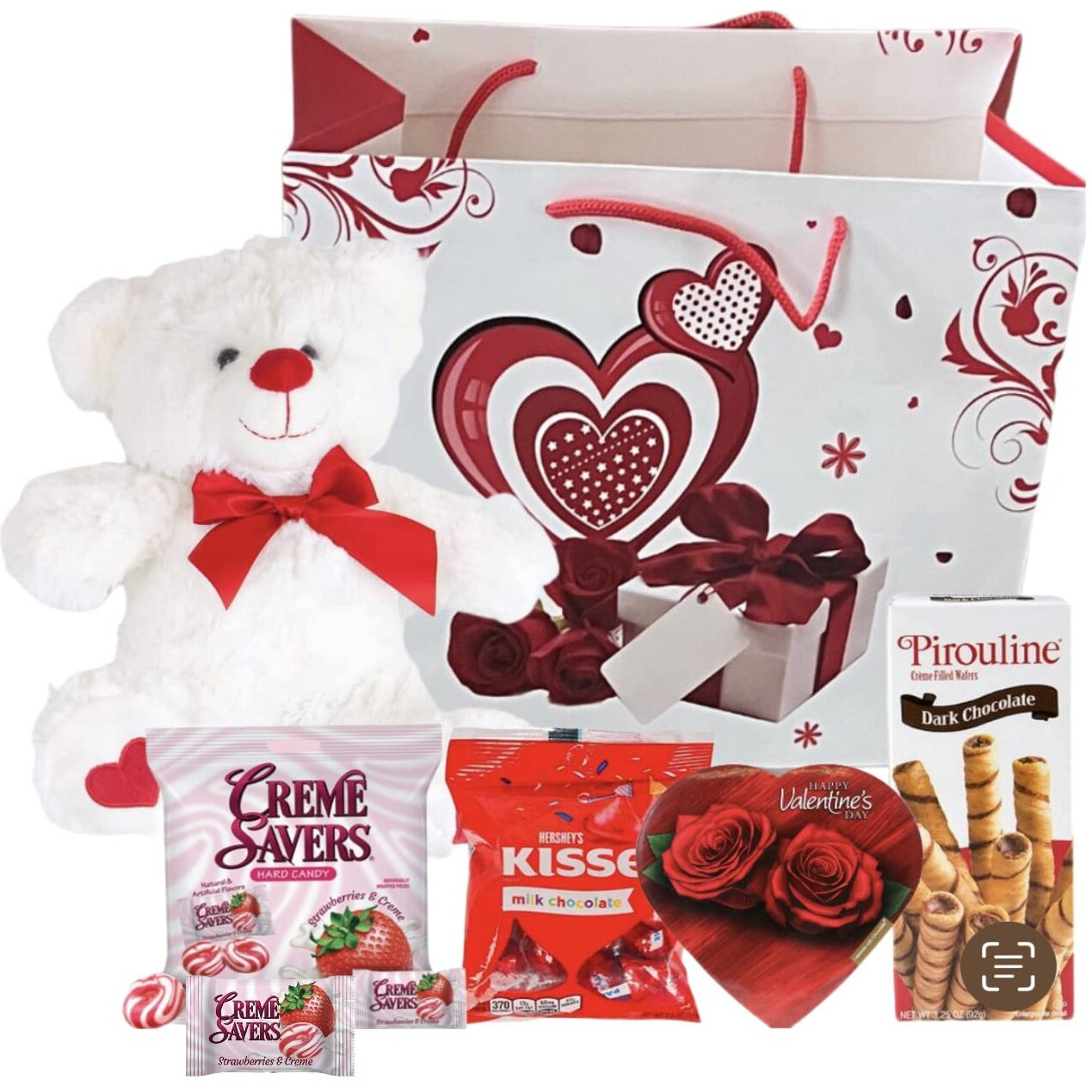 Valentines Day Gift Basket Set | Teddy Bear Plush (Color Varys), Creme Savers Hard Candy, Individually Wrapped, Hershey Kisses Milk Chocolate, Heart Shape Elmer Chocolates Dark Chocolate Or Hazelnut Pirouline Wafers, & Valentine Bag (Design Varies |
