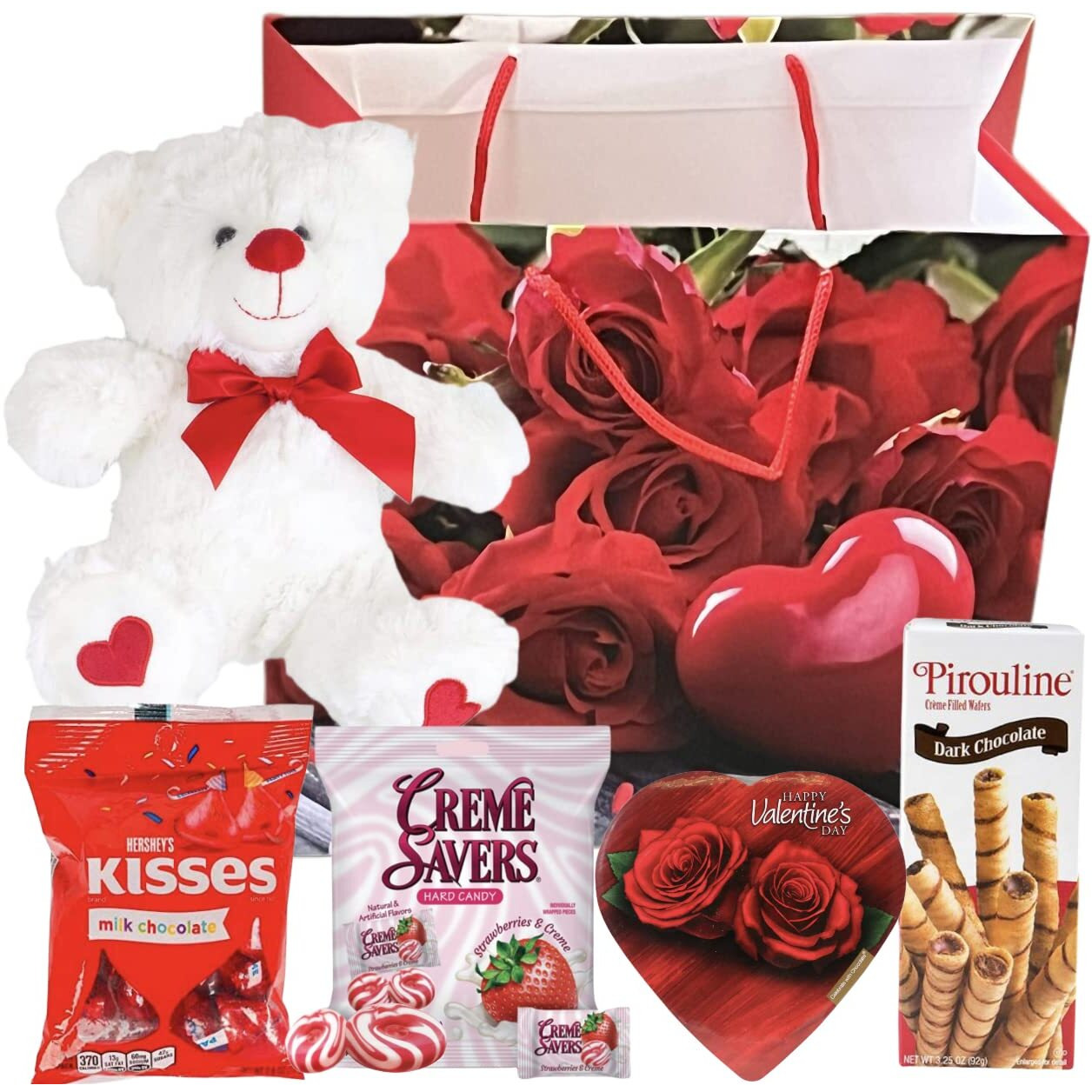 Valentines Day Gift Basket Set | Teddy Bear Plush (Color Varys), Creme Savers Hard Candy, Individually Wrapped, Hershey Kisses Milk Chocolate, Heart Shape Elmer Chocolates Dark Chocolate Or Hazelnut Pirouline Wafers, & Valentine Bag (Design Varies |