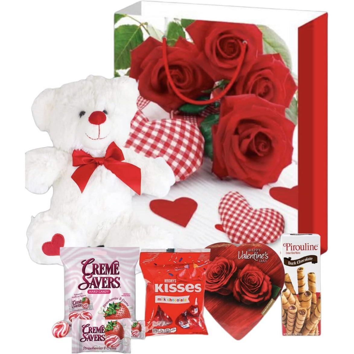 Valentines Day Gift Basket Set | Teddy Bear Plush (Color Varys), Creme Savers Hard Candy, Individually Wrapped, Hershey Kisses Milk Chocolate, Heart Shape Elmer Chocolates Dark Chocolate Or Hazelnut Pirouline Wafers, & Valentine Bag (Design Varies |