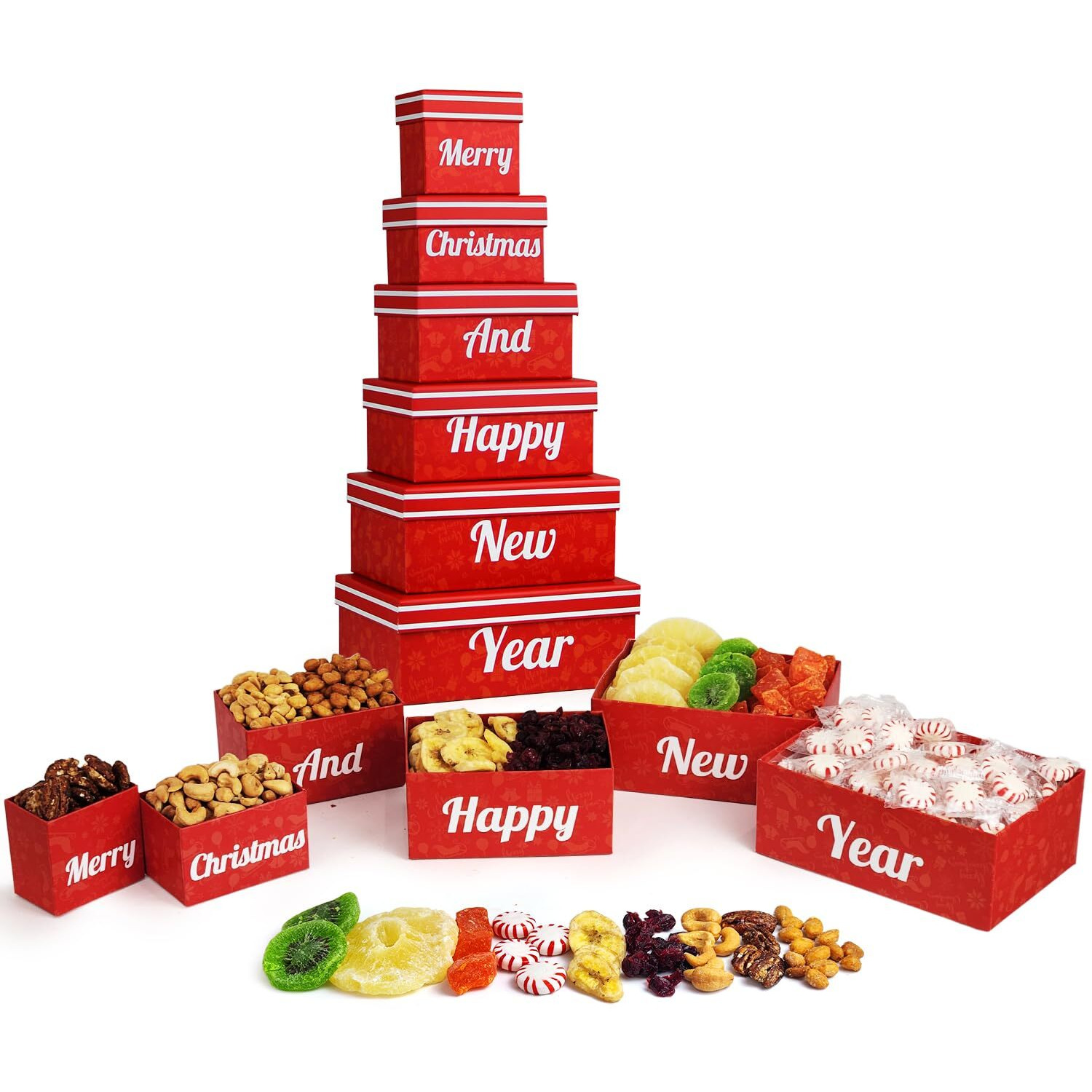Merry Christmas And Happy New Year 6 Tier Indulgence Gift Basket Tower With Dried Fruits & Nuts - Gourmet Food Present For Men & Women