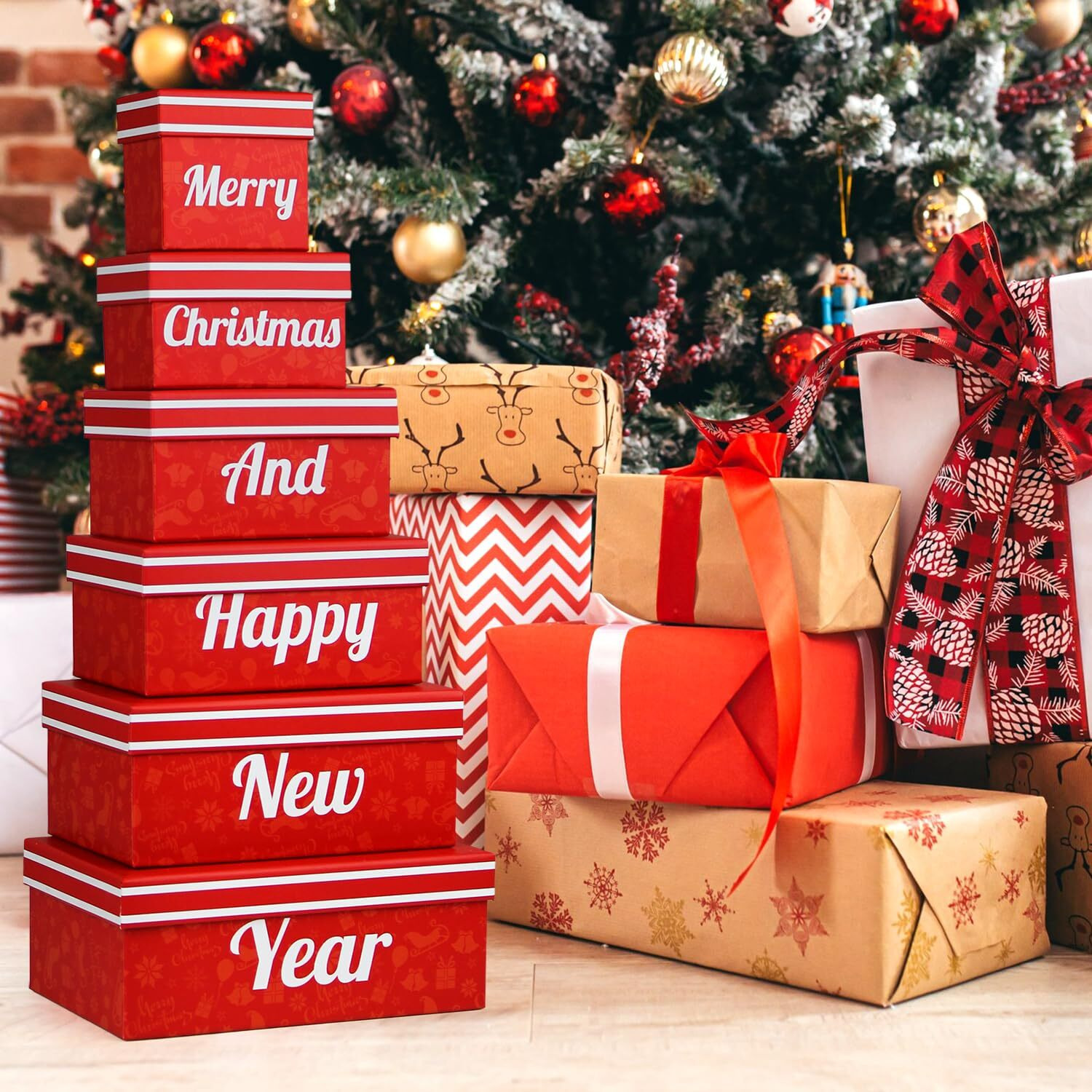 Merry Christmas And Happy New Year 6 Tier Indulgence Gift Basket Tower With Dried Fruits & Nuts - Gourmet Food Present For Men & Women