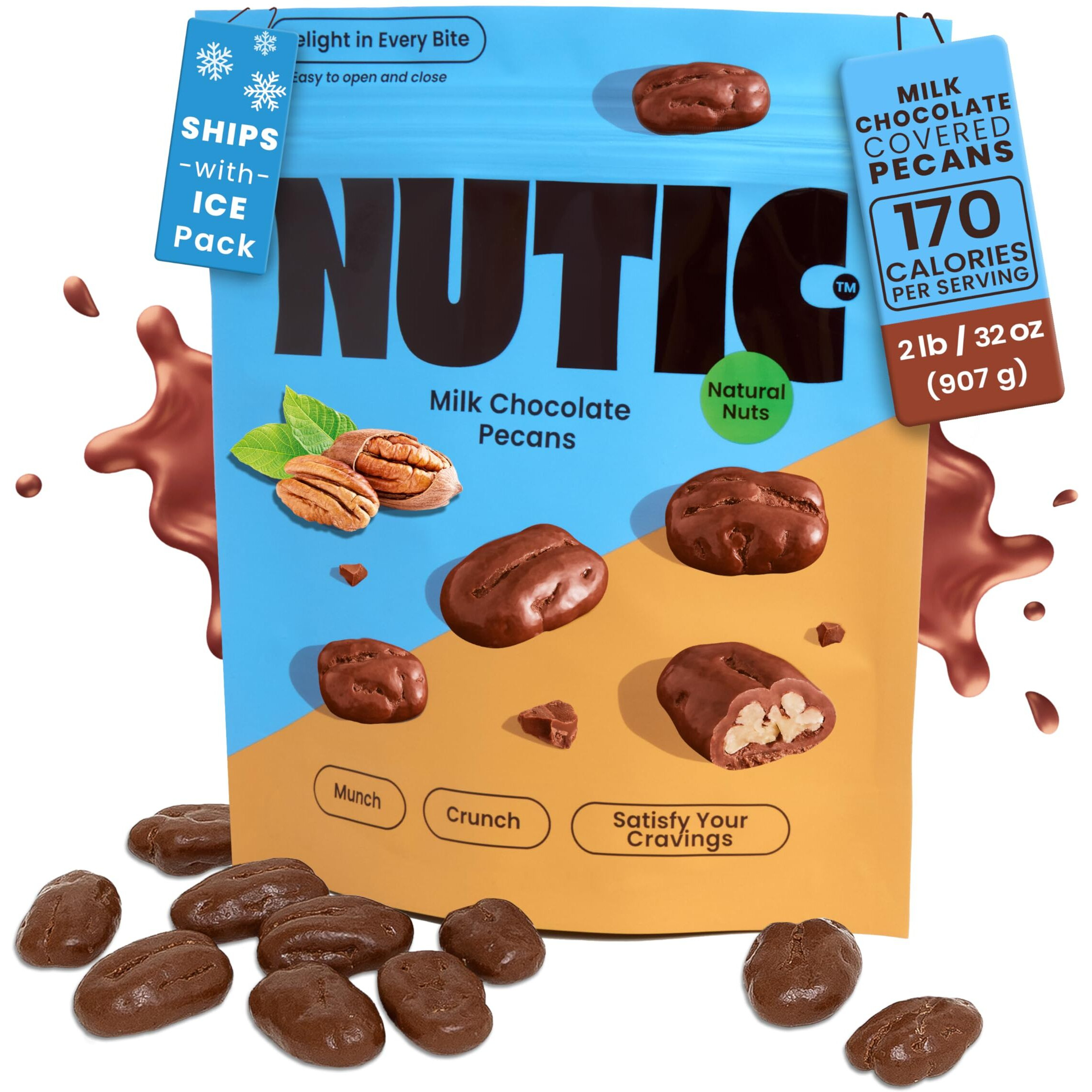 Nutic Milk Chocolate Covered Pecans - 2Lb - Sweet Delights - Indulge In Soft & Creamy, Exquisite Candy Clusters & Sweet Snacks, Perfect Food Gift For Any Occasion And Gift Basket