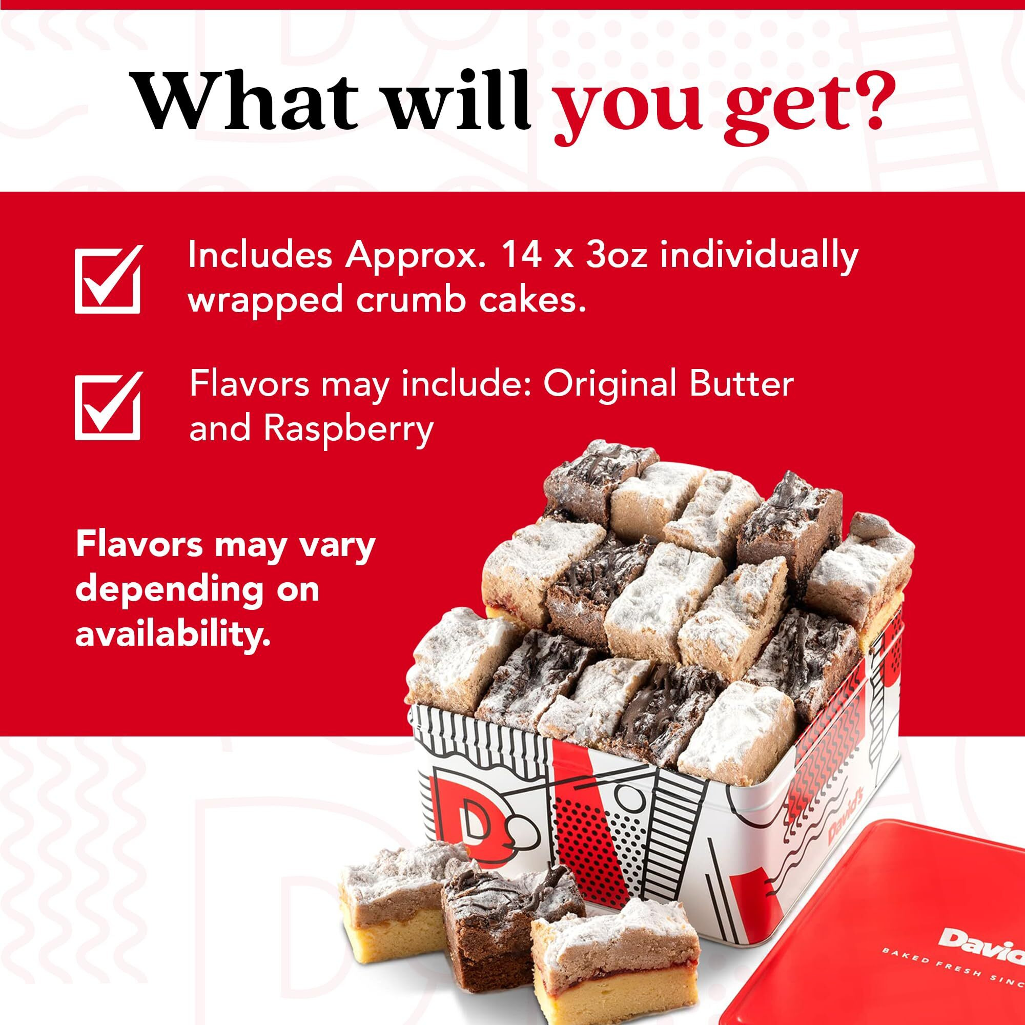 David's Cookies Fresh Baked Gourmet Crumb Cake Food Gift Basket - Gourmet Crumb Cake Assortment With Original Butter, Raspberry Gift Basket - Ideal Gift For Corporate Birthday Fathers Mothers Day Get Well And Other Special Occasions - 2 Lb (14 Pcs)