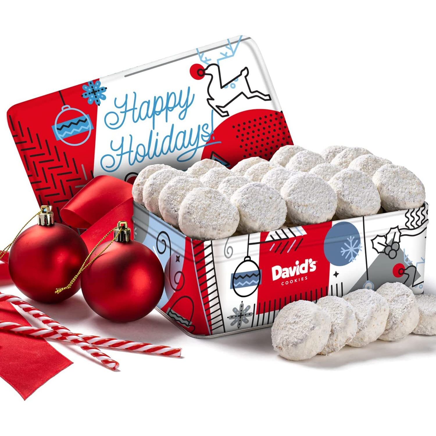 Davids Cookies Happy Holiday Butter Pecan Meltaway Cookies Gift Basket - Butter Cookies With Crunchy Pecans - Soft And Gourmet Melt In Your Mouth Flavorful Cookies In A Beautiful Holiday Tin 16Oz