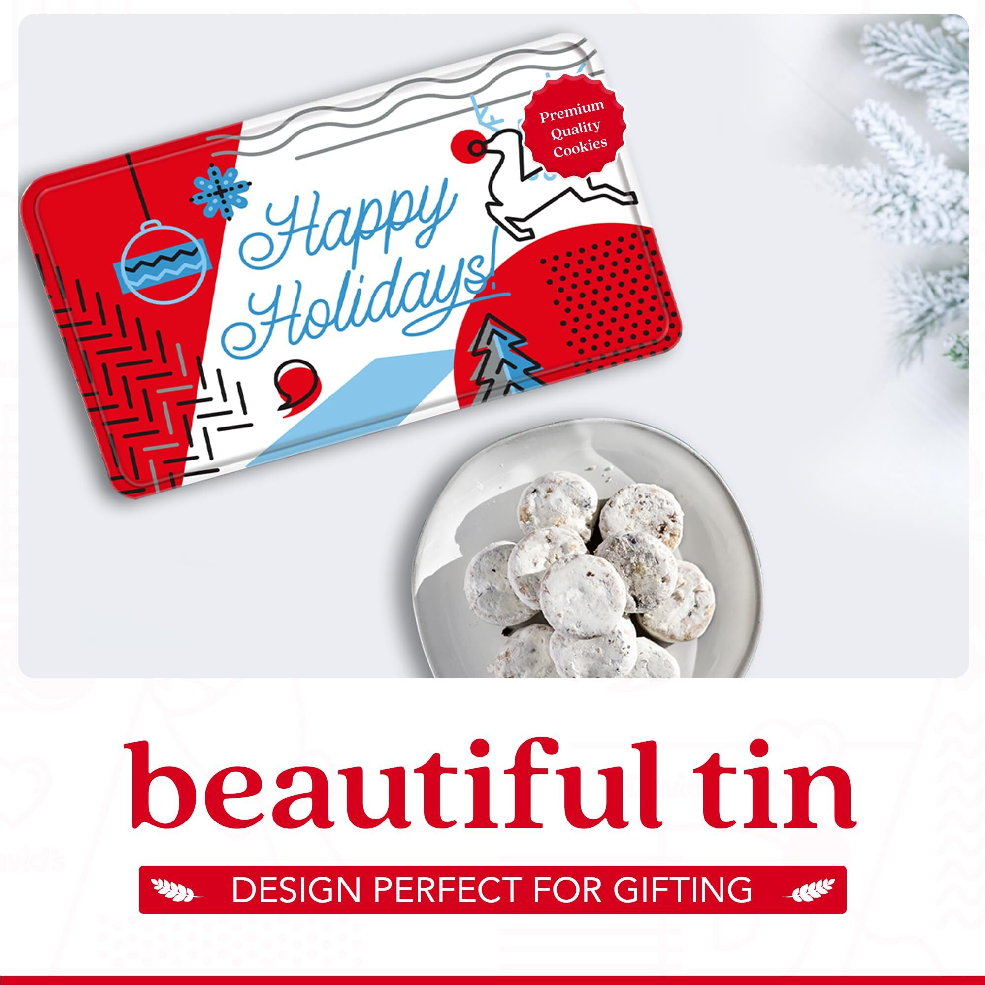 Davids Cookies Happy Holiday Butter Pecan Meltaway Cookies Gift Basket - Butter Cookies With Crunchy Pecans - Soft And Gourmet Melt In Your Mouth Flavorful Cookies In A Beautiful Holiday Tin 16Oz