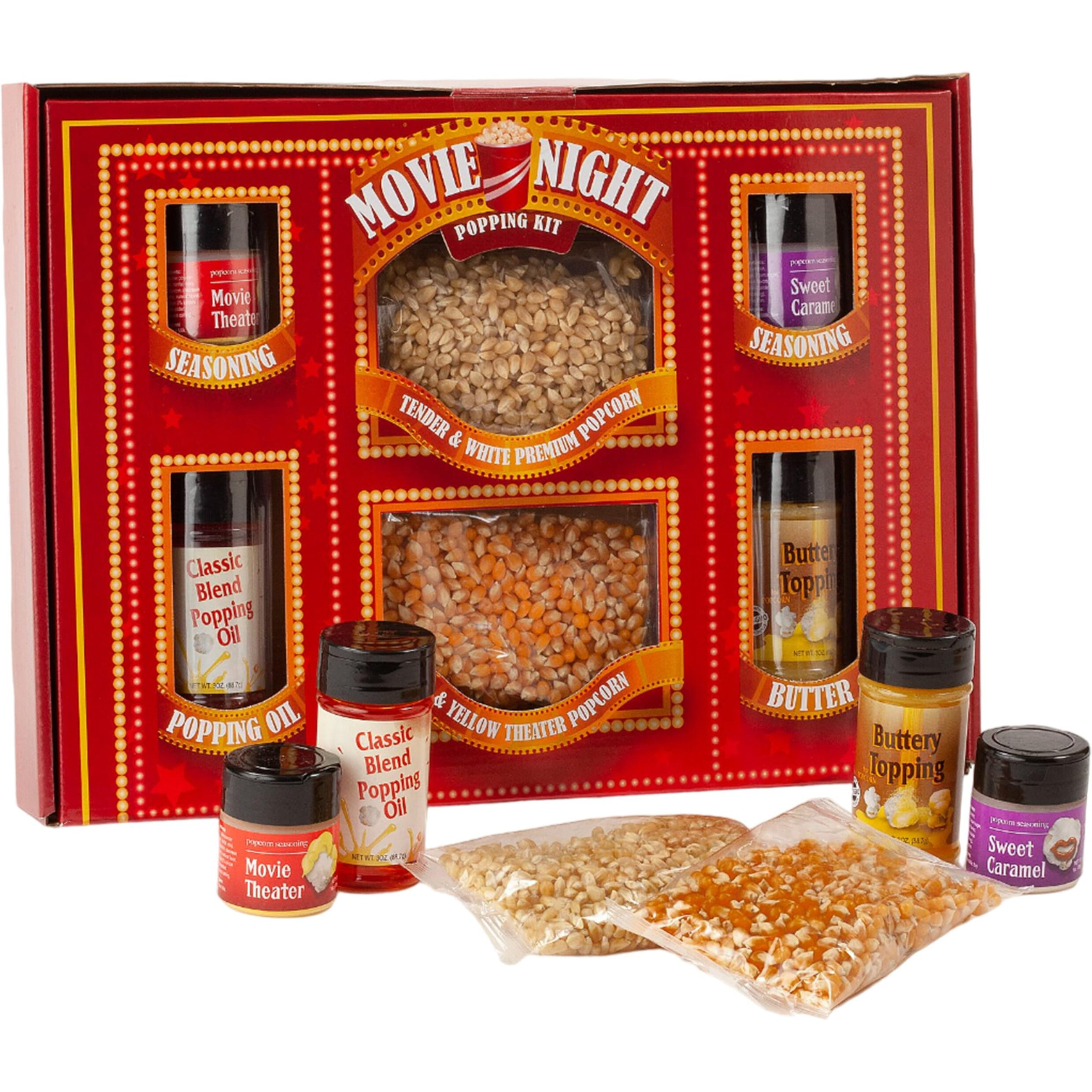 Wabash Valley Farms Movie Night Popcorn Gift Set - Mini Vintage Movie Marquee Popcorn Kit, Movie Night Supplies For Gift Basket, Movie Theater Popcorn Kernels, Popcorn Gifts For Every Occasion