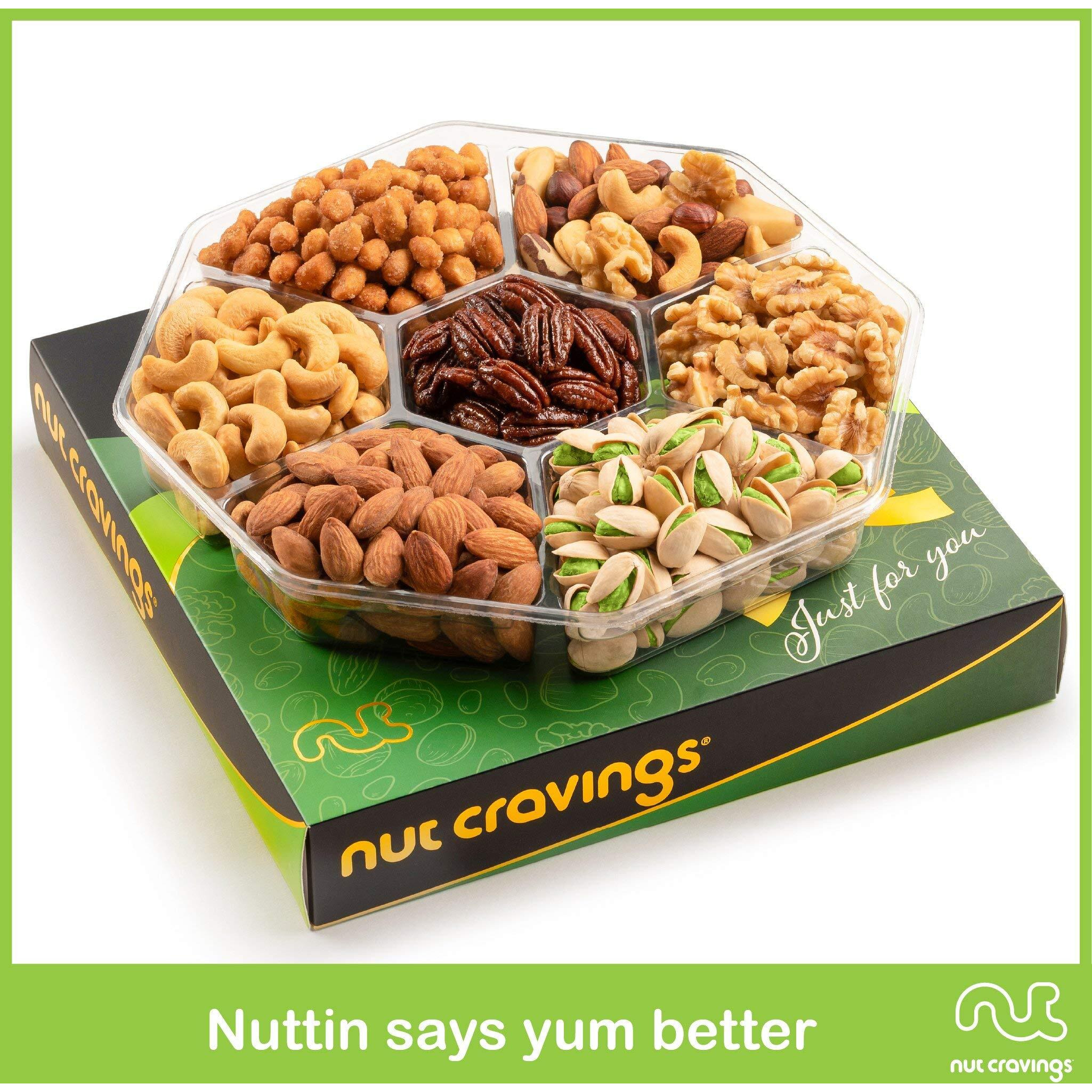 Nut Cravings Gourmet Collection - Rosh Hashana & Shana Tova Mixed Nuts Gift Basket In Green Gold Box (7 Assortments, 1 Lb) Arrangement Platter, Birthday Care Package - Healthy Kosher