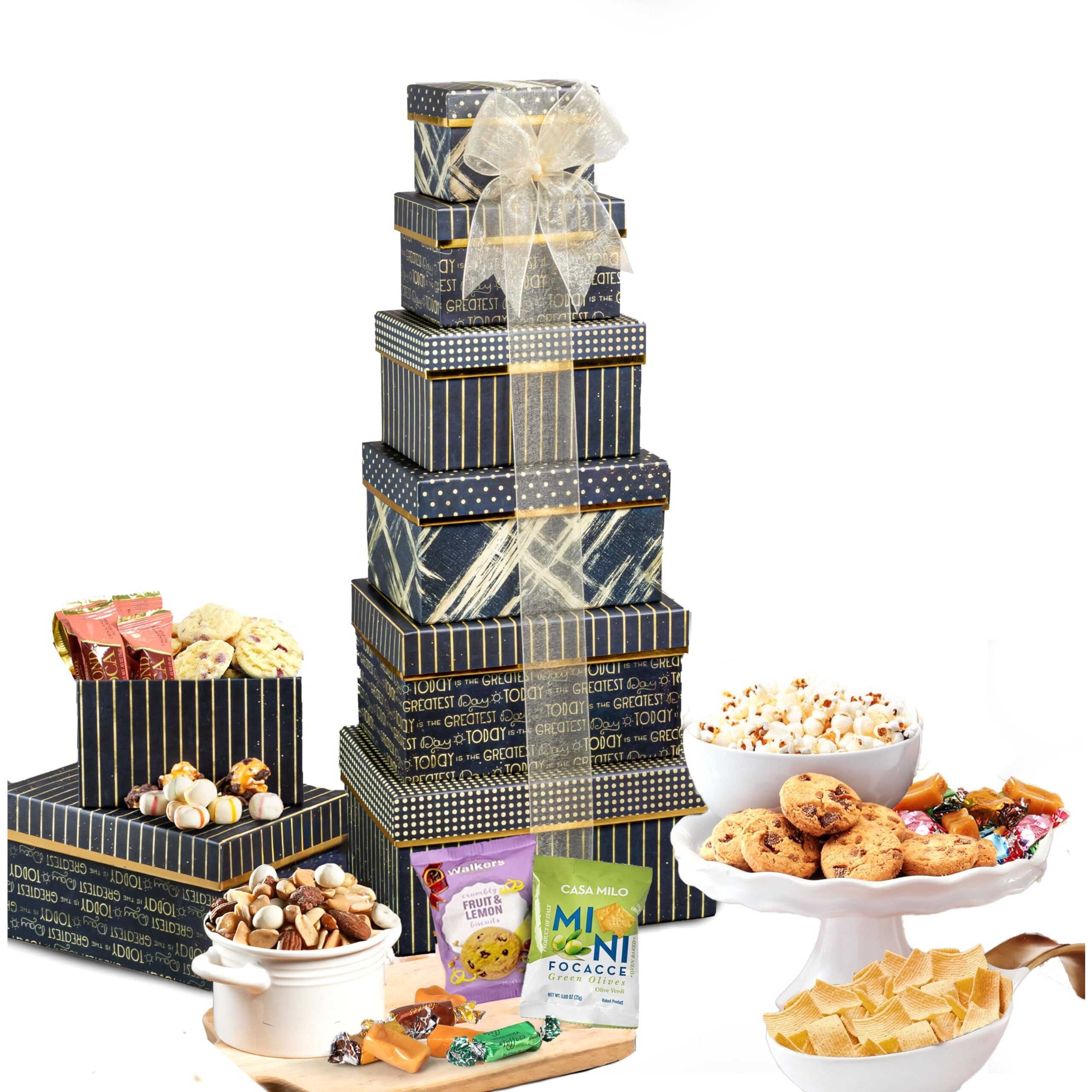Broadway Basketeers Gourmet Food Gift Basket 6 Box Tower For Birthdays - Curated Snack Box, Sweet And Savory Treats For Parties, Best Wishes, Birthday Presents For Women, Men, Mom, Dad, Her, Him,