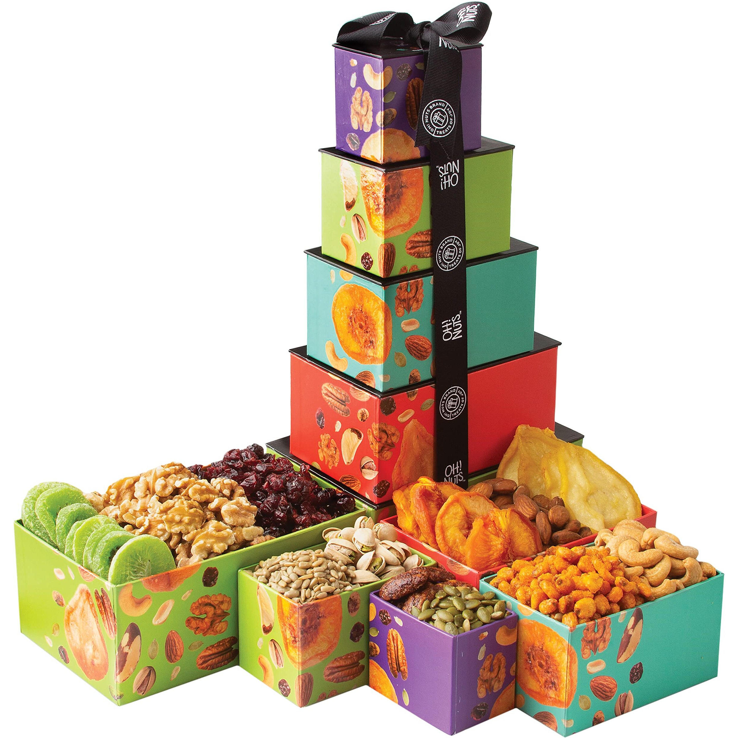 Dried Fruits & Nuts Tower With Black Ribbon Gift Basket, 5 Tier Gourmet Arrangement Platter, Healthy Kosher Snack Box For Birthday, Anniversary, Care Package For Men, Women, Adults - Oh Nuts