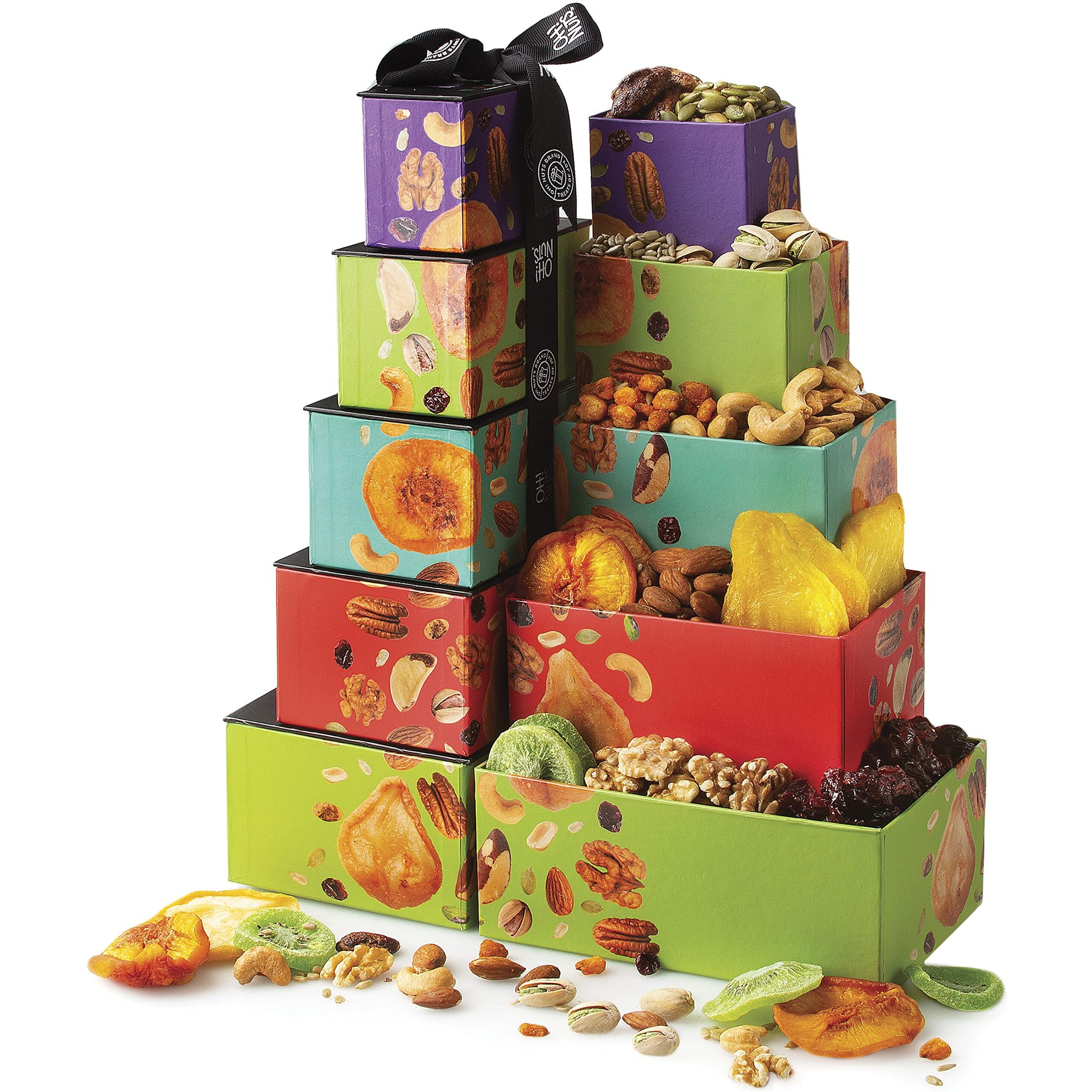 Dried Fruits & Nuts Tower With Black Ribbon Gift Basket, 5 Tier Gourmet Arrangement Platter, Healthy Kosher Snack Box For Birthday, Anniversary, Care Package For Men, Women, Adults - Oh Nuts