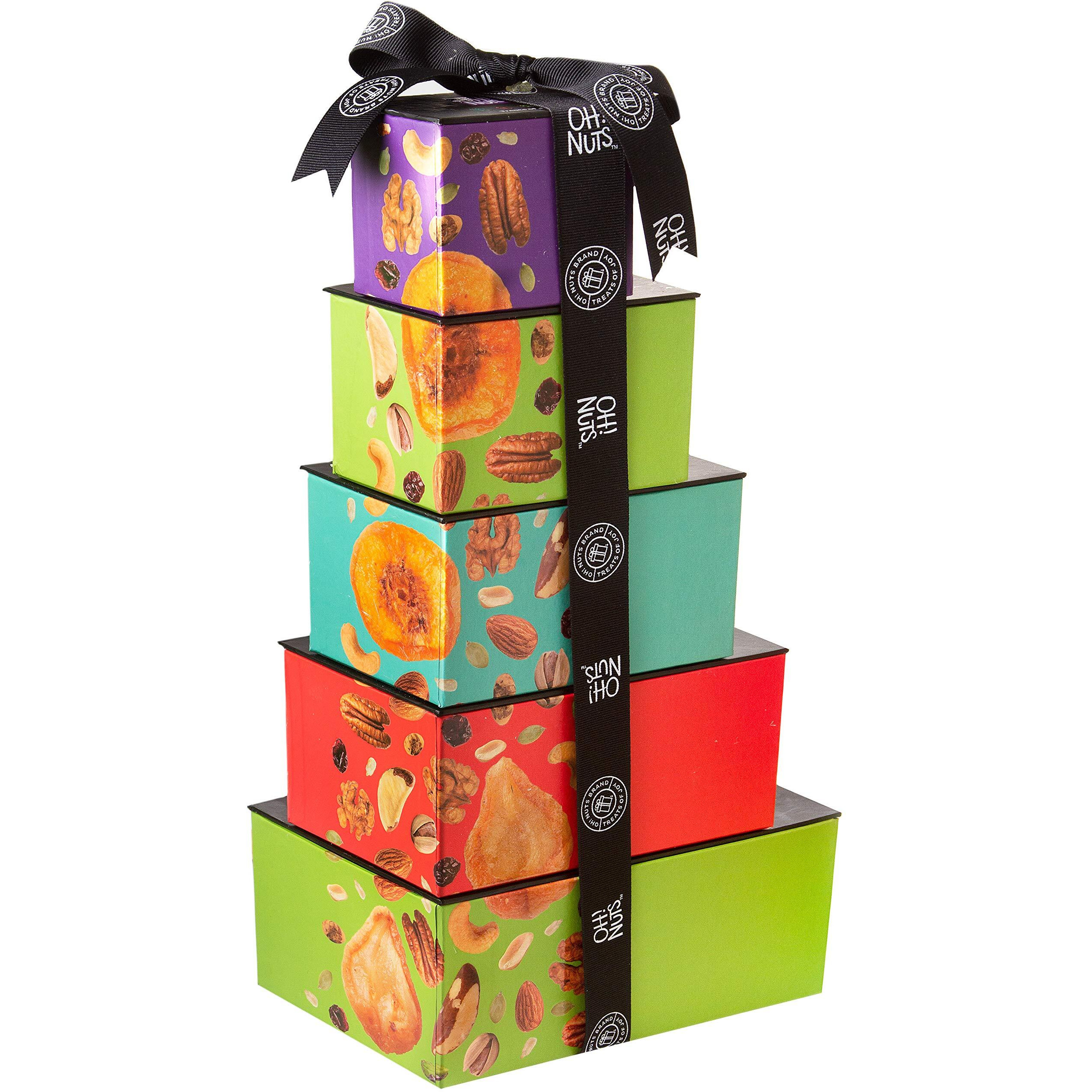 Dried Fruits & Nuts Tower With Black Ribbon Gift Basket, 5 Tier Gourmet Arrangement Platter, Healthy Kosher Snack Box For Birthday, Anniversary, Care Package For Men, Women, Adults - Oh Nuts