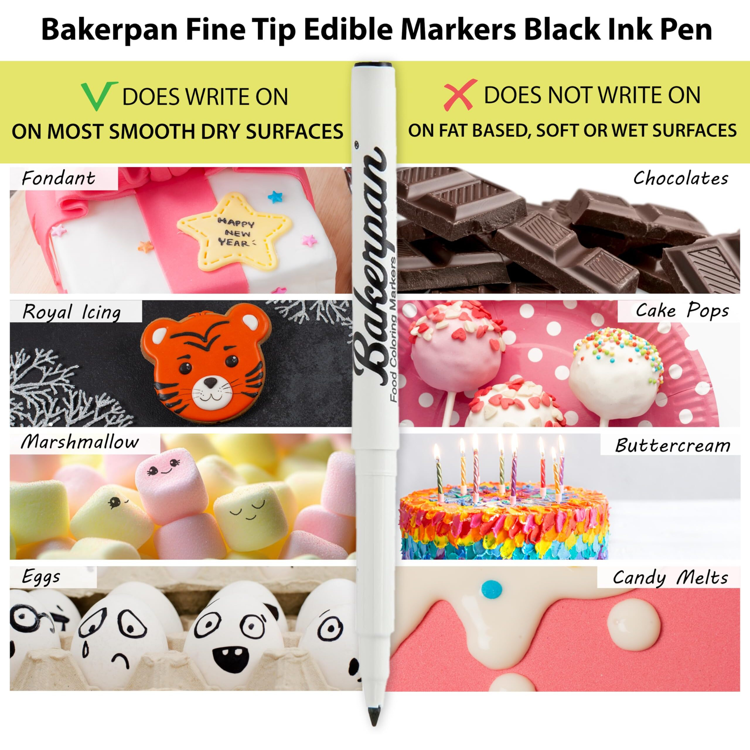 Bakerpan Food Coloring Markers, Fine Tip Edible Markers For Cookie Decorating, Edible Black Ink Pen - Set Of 3 (Made In Usa)