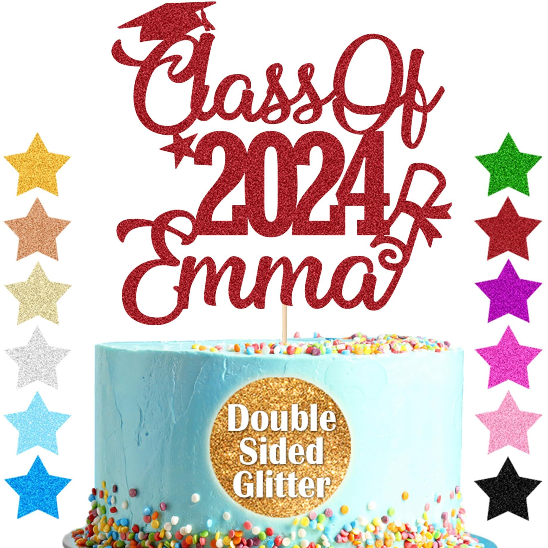 Personalized Cake Topper Custom Congrats Graduation Hat Student Class Of 2024 Double Sided Glitter Card Red