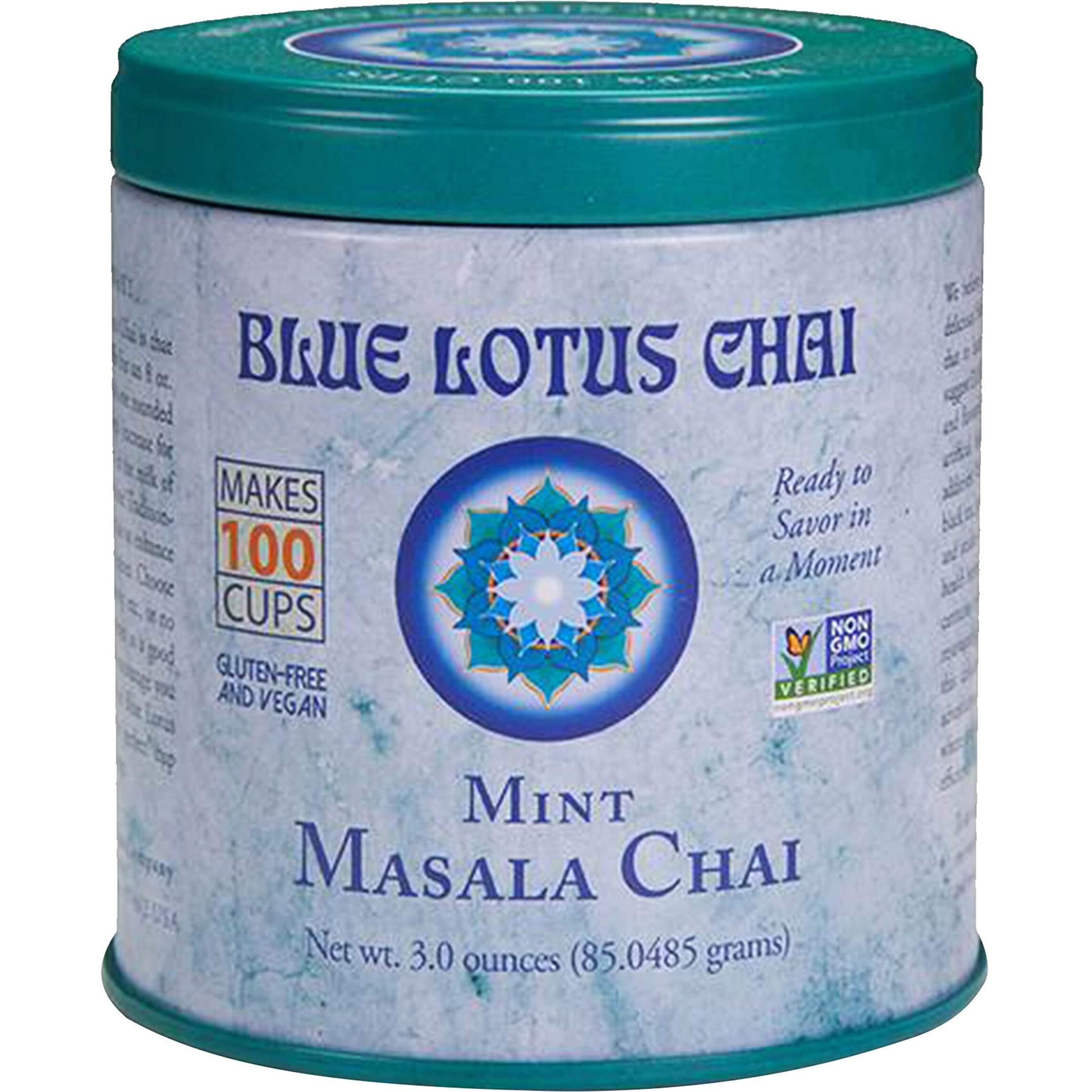 Blue Lotus Chai - Mint Flavor Masala Chai - Makes 100 Cups - 3 Ounce Masala Spiced Chai Powder With Organic Spices - Instant Indian Tea No Steeping - No Gluten