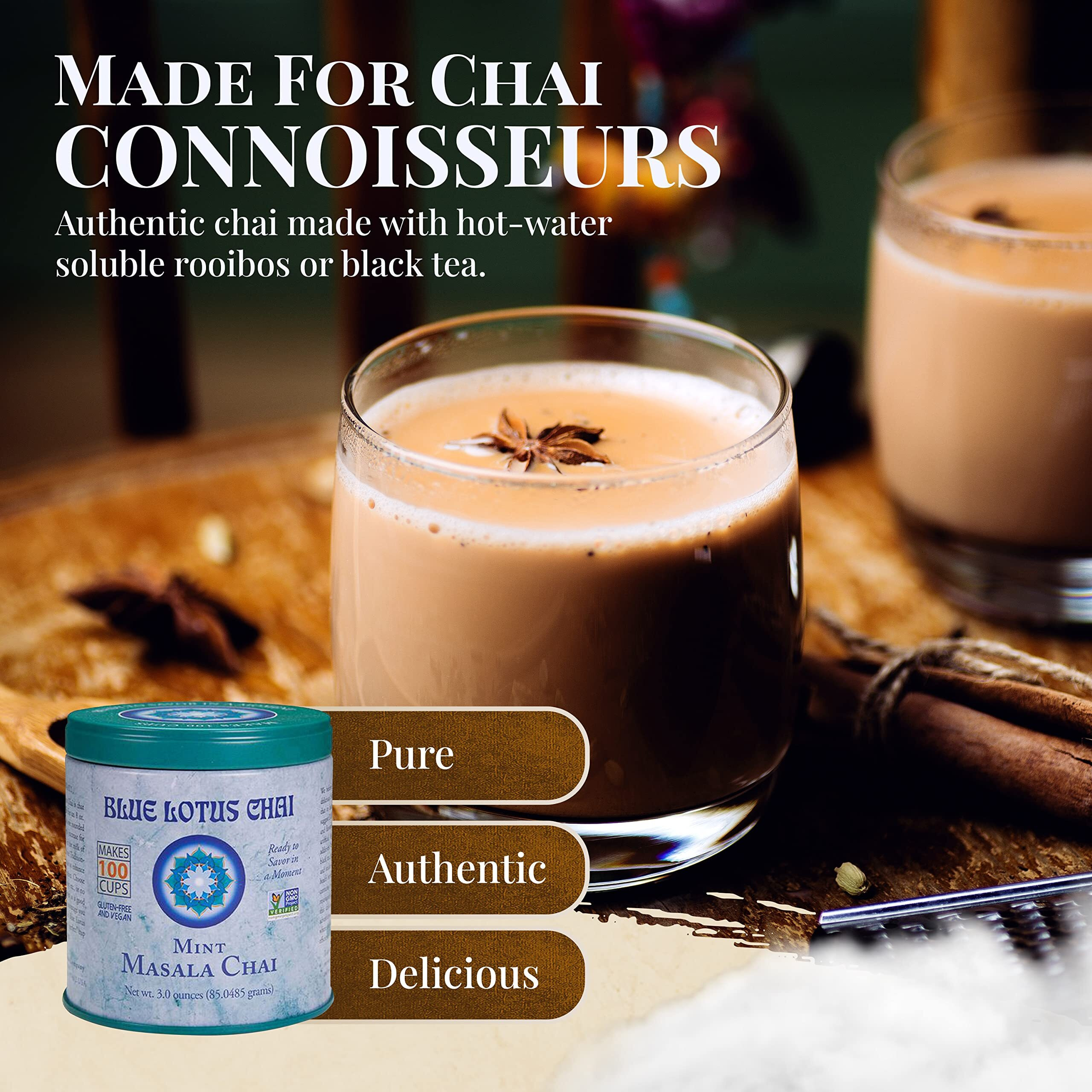 Blue Lotus Chai - Mint Flavor Masala Chai - Makes 100 Cups - 3 Ounce Masala Spiced Chai Powder With Organic Spices - Instant Indian Tea No Steeping - No Gluten