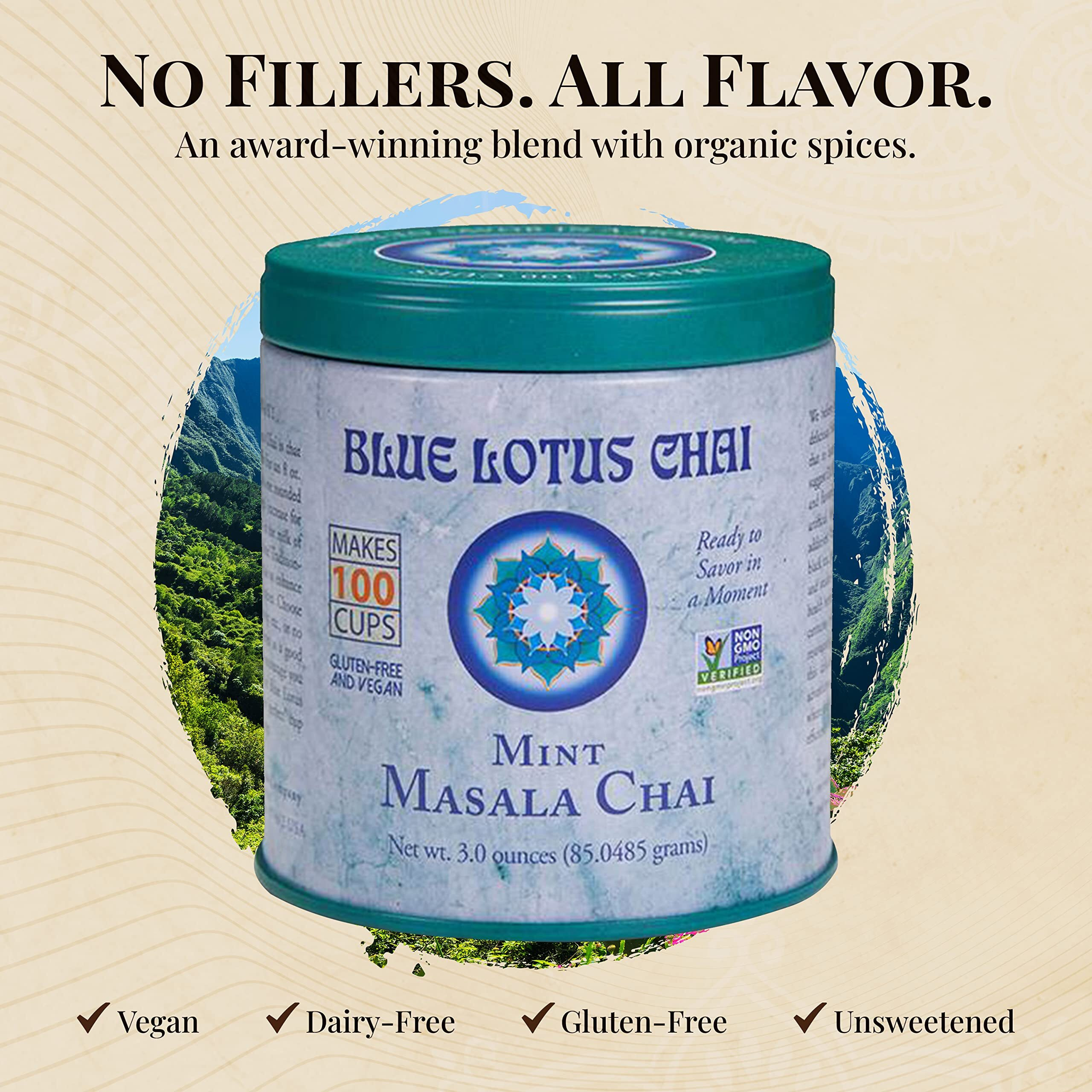 Blue Lotus Chai - Mint Flavor Masala Chai - Makes 100 Cups - 3 Ounce Masala Spiced Chai Powder With Organic Spices - Instant Indian Tea No Steeping - No Gluten