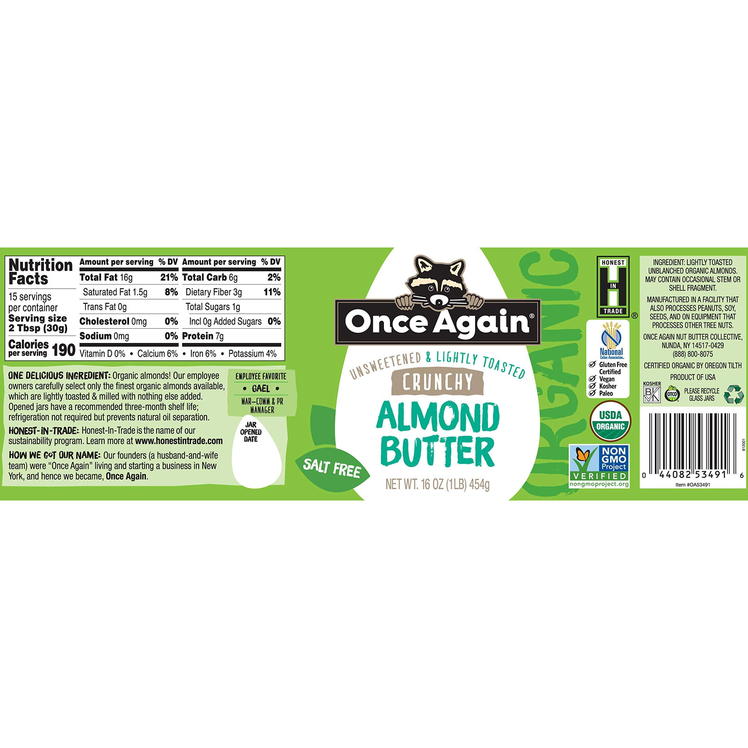 Once Again Organic Crunchy Almond Butter, 16Oz - Lightly Toasted - Salt Free, Unsweetened - Usda Organic, Gluten Free Certified, Peanut Free, Vegan, Kosher, Paleo - Glass Jar