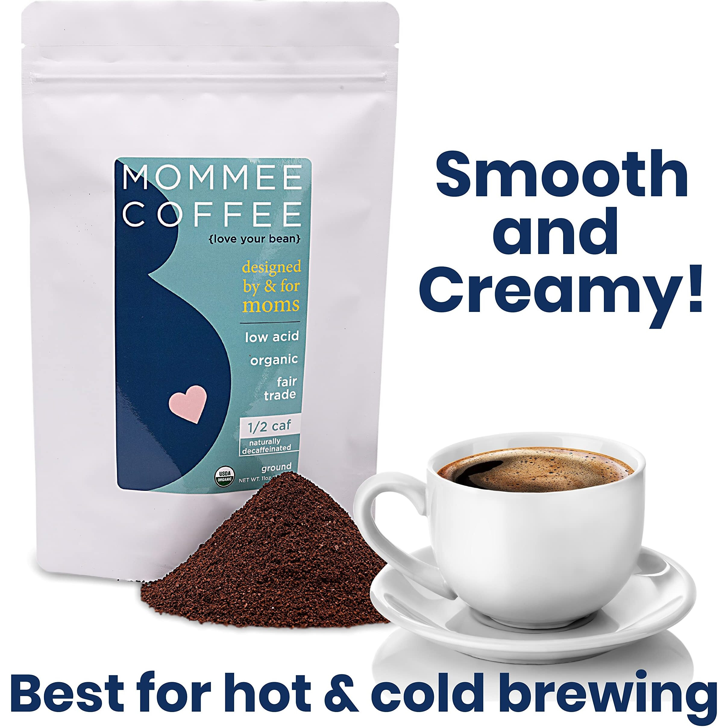 Mommee Coffee Half Caf Ground Low Acid Coffee - 100% Arabica Organic Coffee Beans With Smooth Caramel Flavor - Medium Grind For Drip, Reusable One Cup Filters - 11 Oz