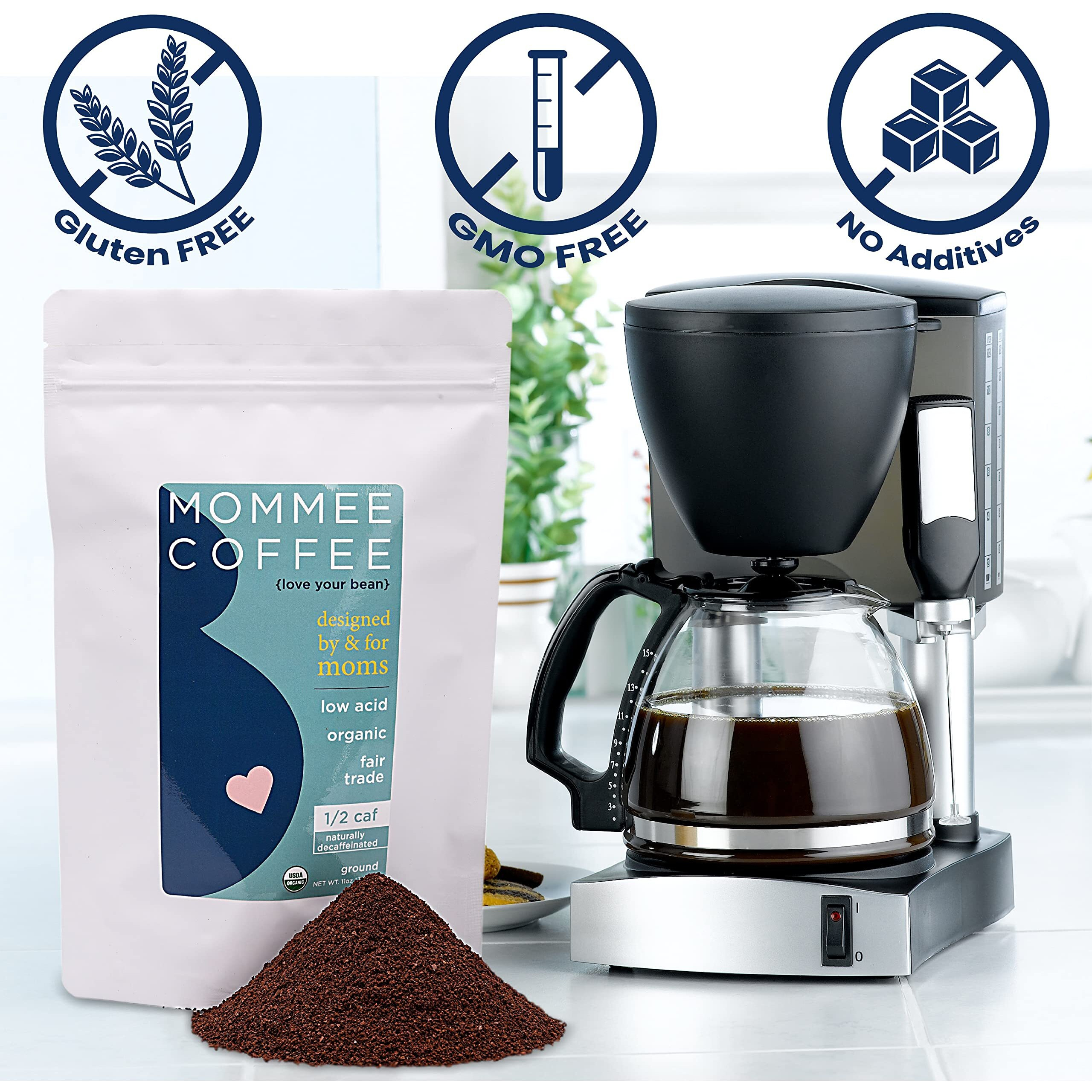 Mommee Coffee Half Caf Ground Low Acid Coffee - 100% Arabica Organic Coffee Beans With Smooth Caramel Flavor - Medium Grind For Drip, Reusable One Cup Filters - 11 Oz