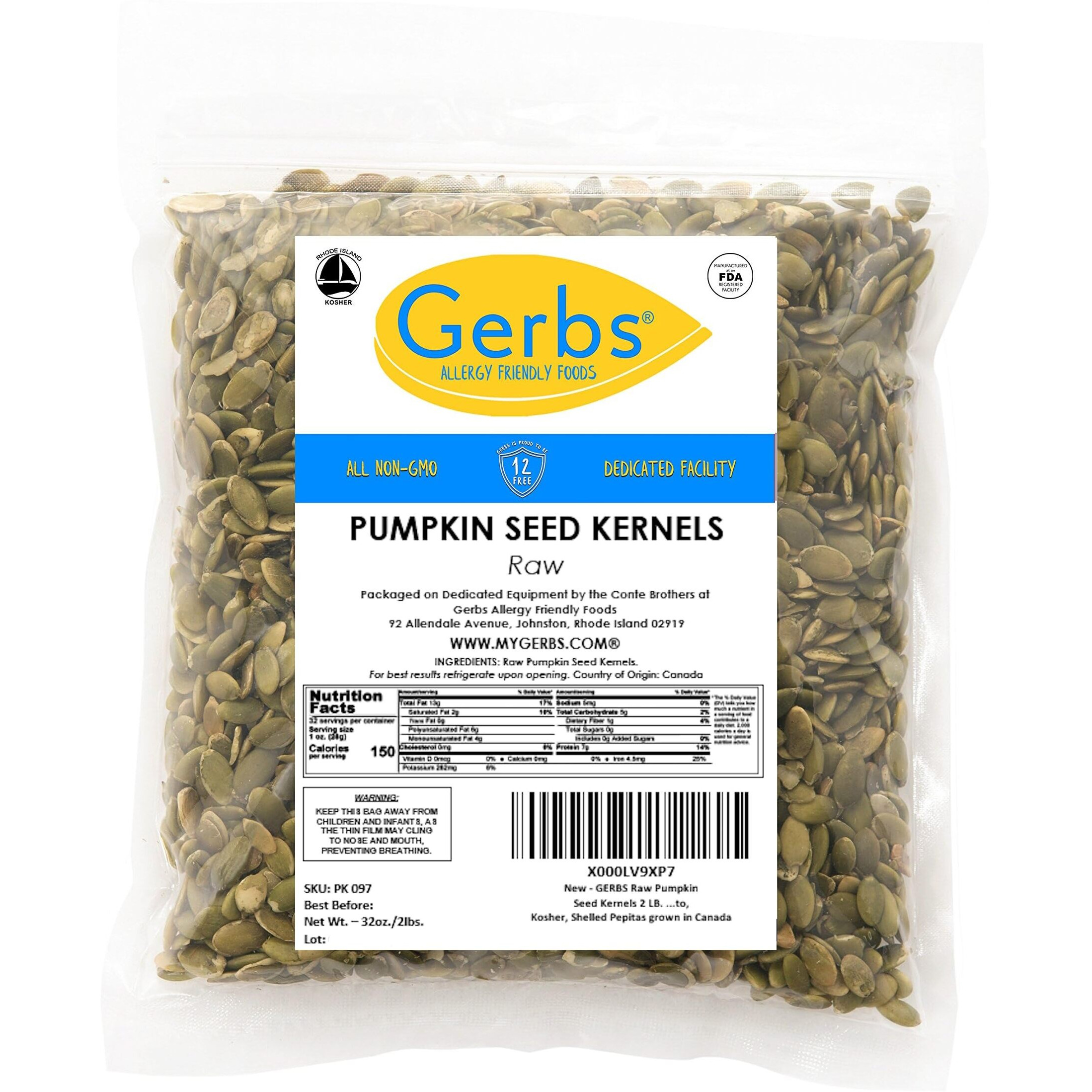 Raw Pumpkin Seed Kernels By Gerbs - 2 Lbs - Top 11 Food Allergen Free & Non Gmo - Vegan & Kosher Certified - Premium Grade Aa Shelled Pepitas - Country Of Origin Mexico