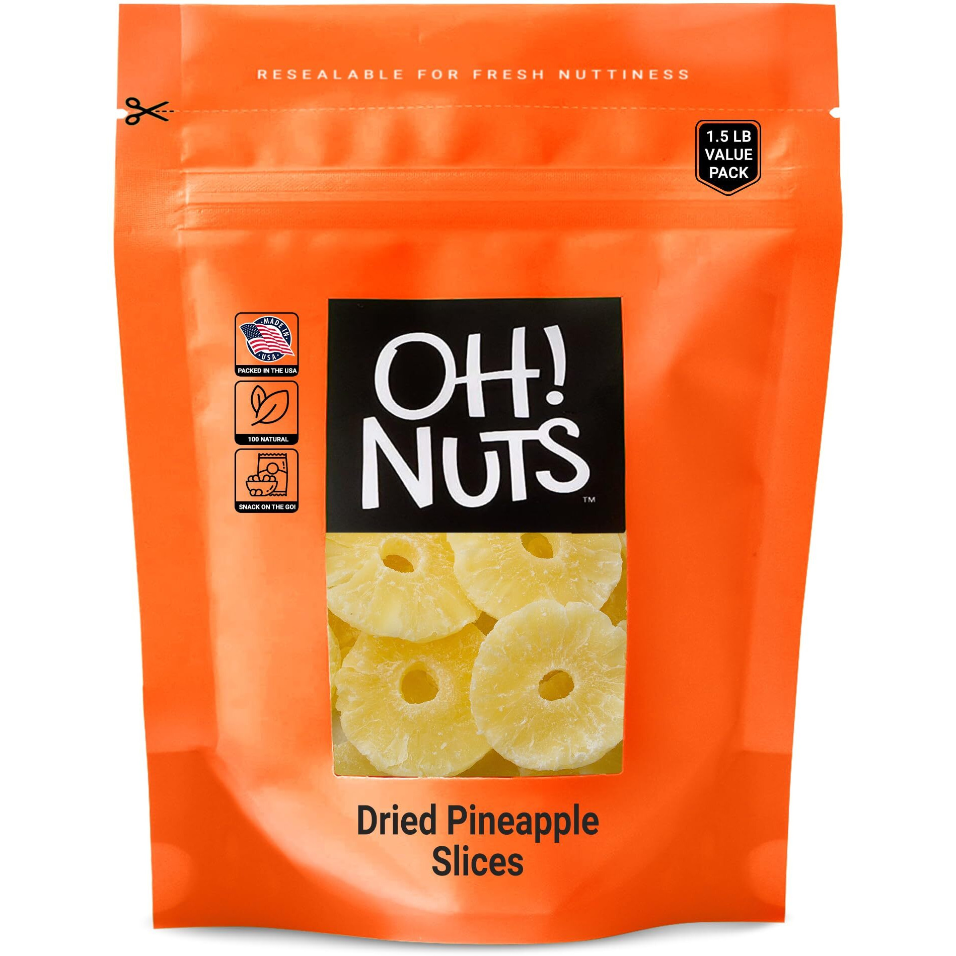 Dried Pineapple | 1.5 Lb - Dried Fruit Rings | Less Sugar Added | Dehydrated Fruit Bites | Packed In New York Zip-Seal Bag For Exceptional Freshness By Oh Nuts