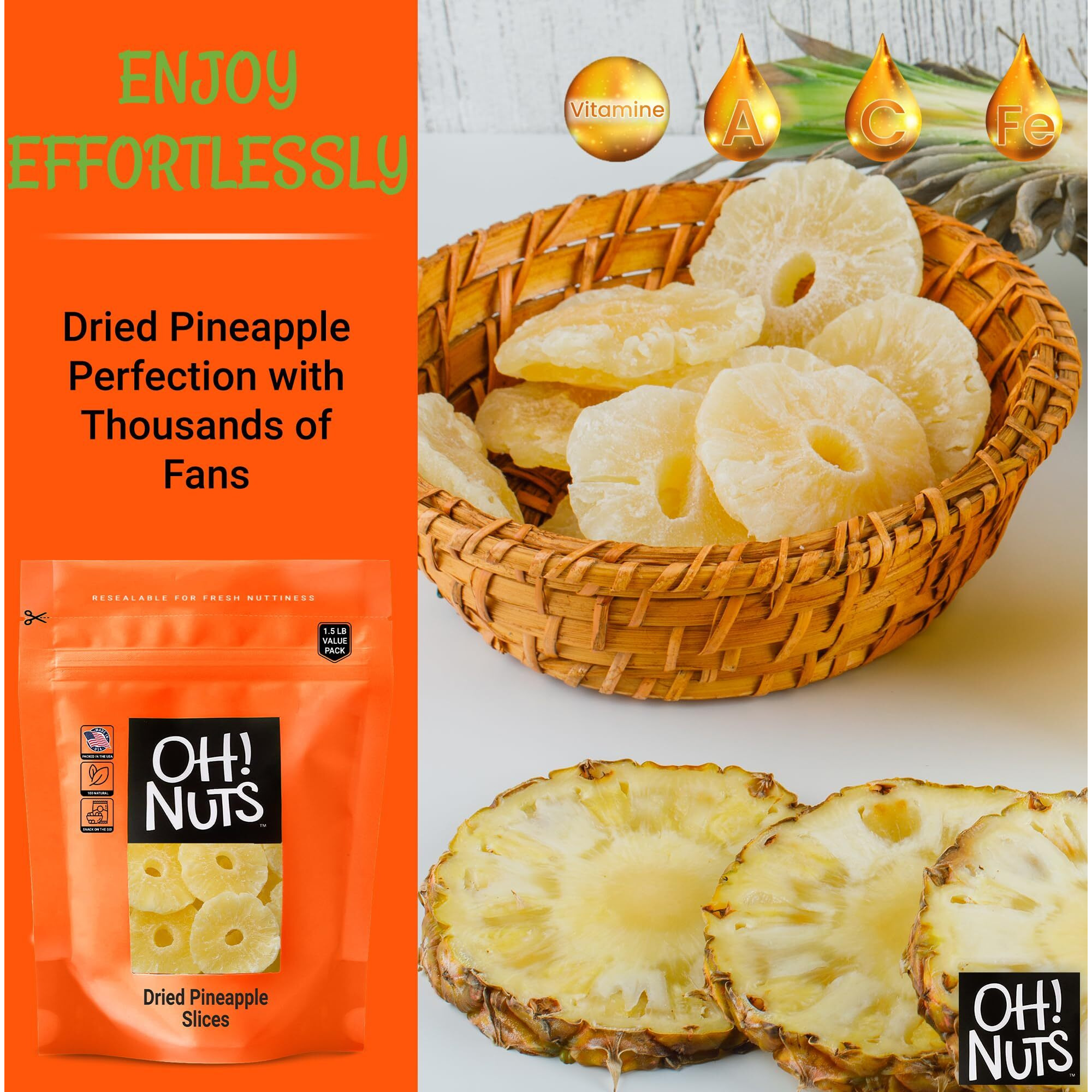 Dried Pineapple | 1.5 Lb - Dried Fruit Rings | Less Sugar Added | Dehydrated Fruit Bites | Packed In New York Zip-Seal Bag For Exceptional Freshness By Oh Nuts