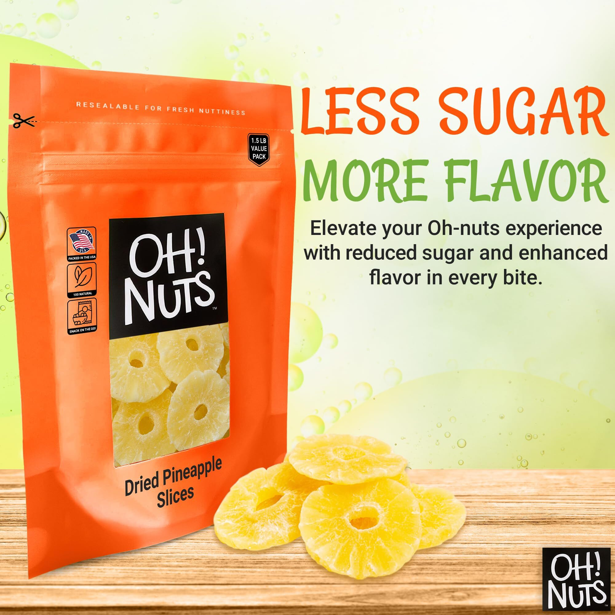 Dried Pineapple | 1.5 Lb - Dried Fruit Rings | Less Sugar Added | Dehydrated Fruit Bites | Packed In New York Zip-Seal Bag For Exceptional Freshness By Oh Nuts