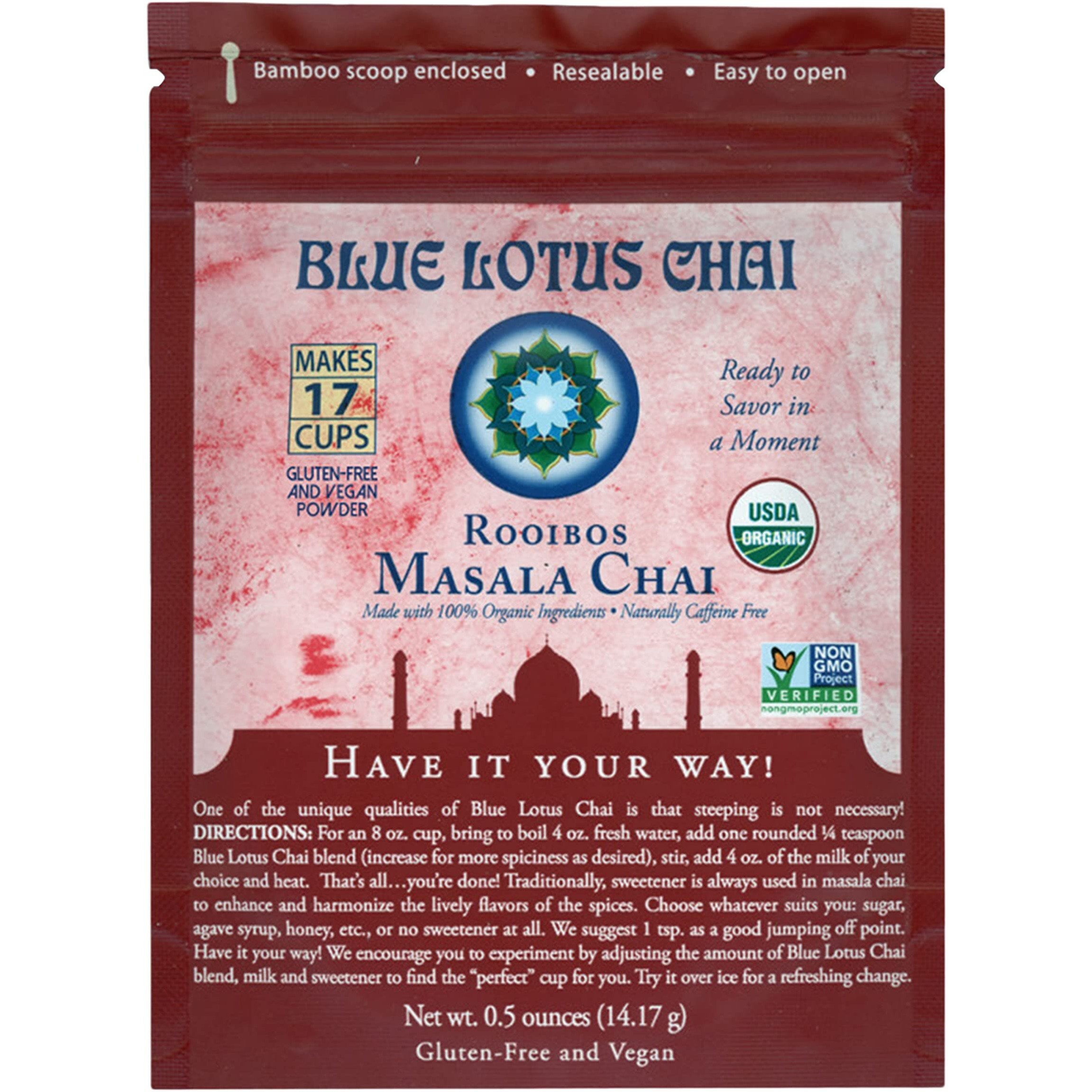 Blue Lotus Chai - Rooibos Masala Chai - Makes 17 Cups - 0.5 Oz Pouch Masala Spiced Chai Powder With Organic Spices - Instant Indian Tea No Steeping - No Gluten