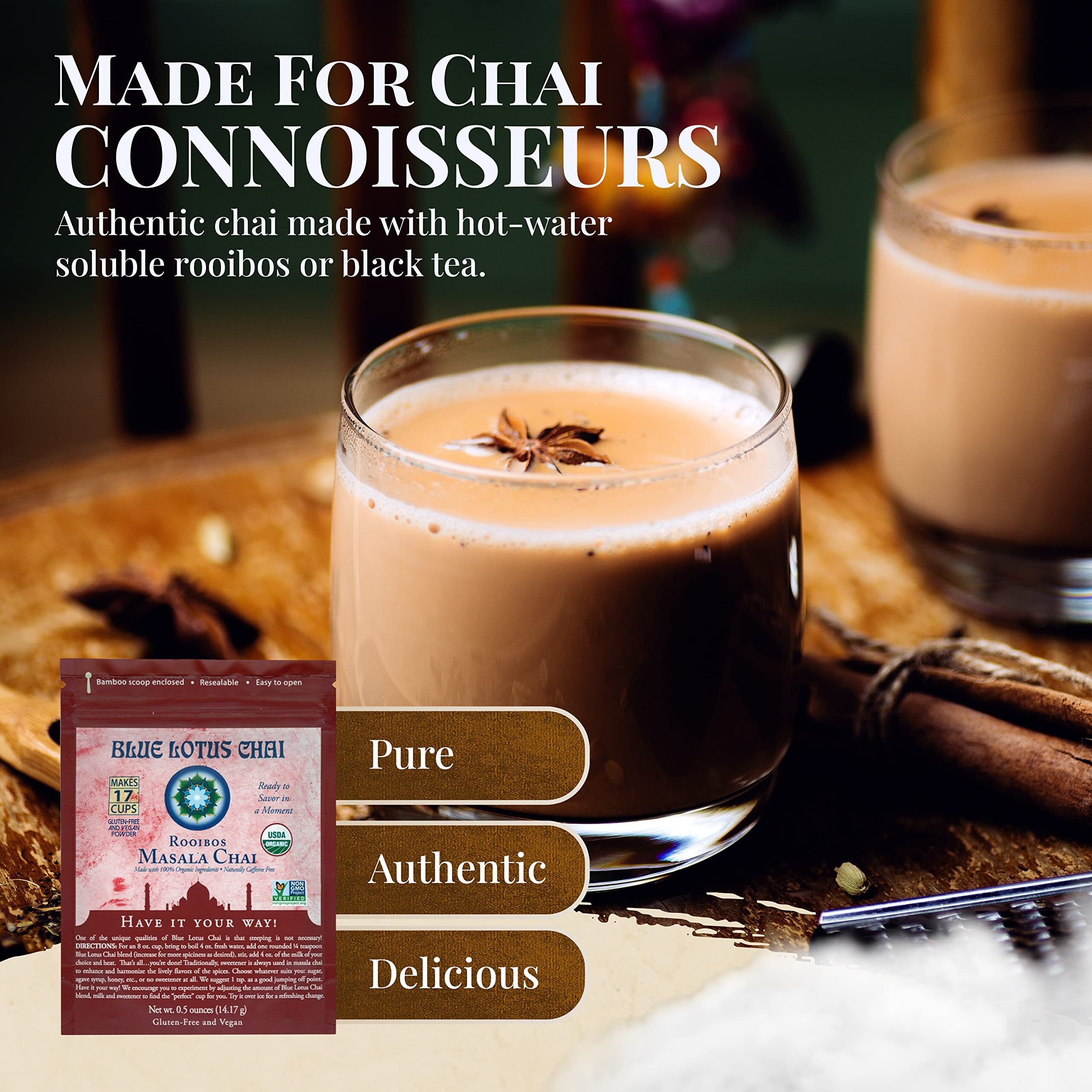 Blue Lotus Chai - Rooibos Masala Chai - Makes 17 Cups - 0.5 Oz Pouch Masala Spiced Chai Powder With Organic Spices - Instant Indian Tea No Steeping - No Gluten