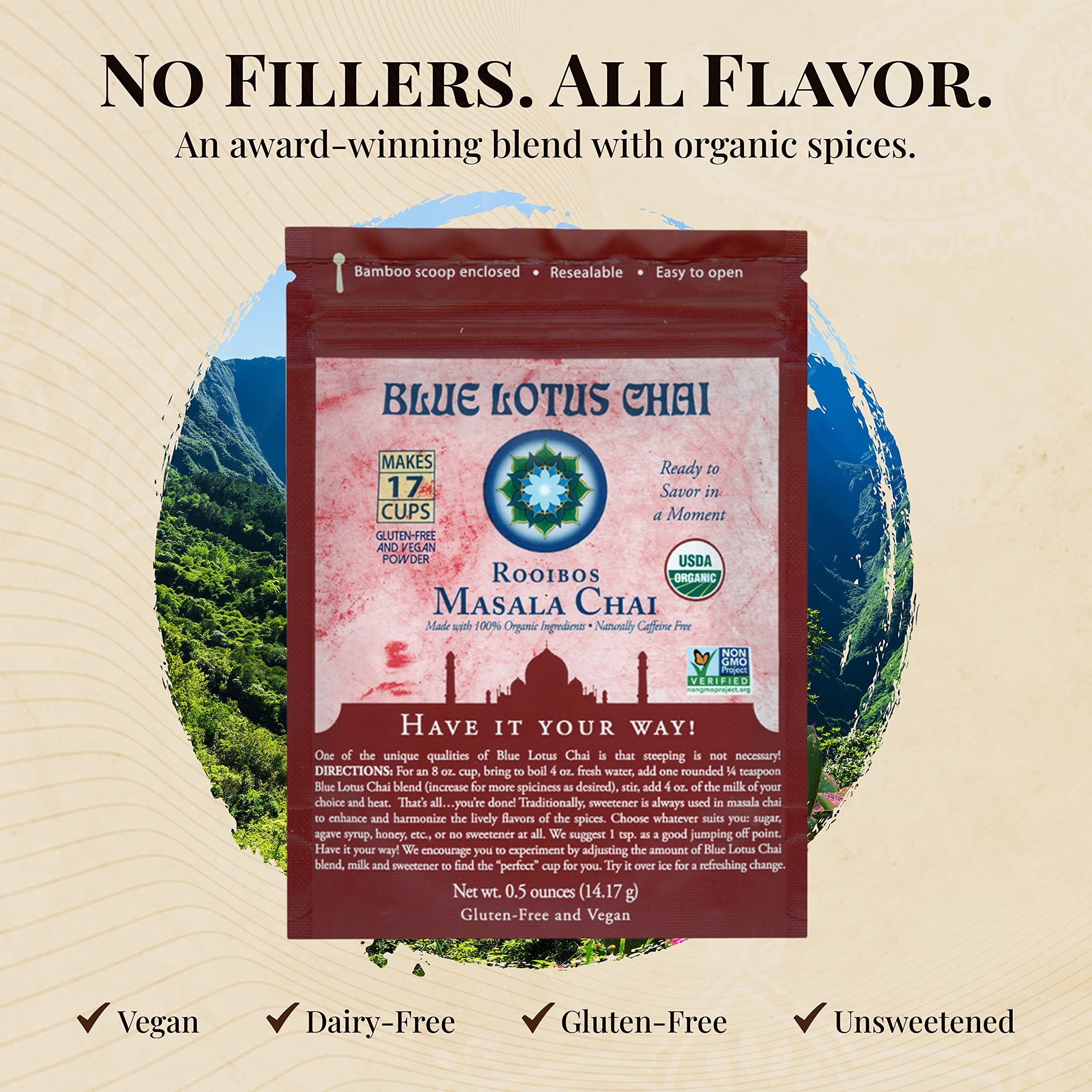 Blue Lotus Chai - Rooibos Masala Chai - Makes 17 Cups - 0.5 Oz Pouch Masala Spiced Chai Powder With Organic Spices - Instant Indian Tea No Steeping - No Gluten