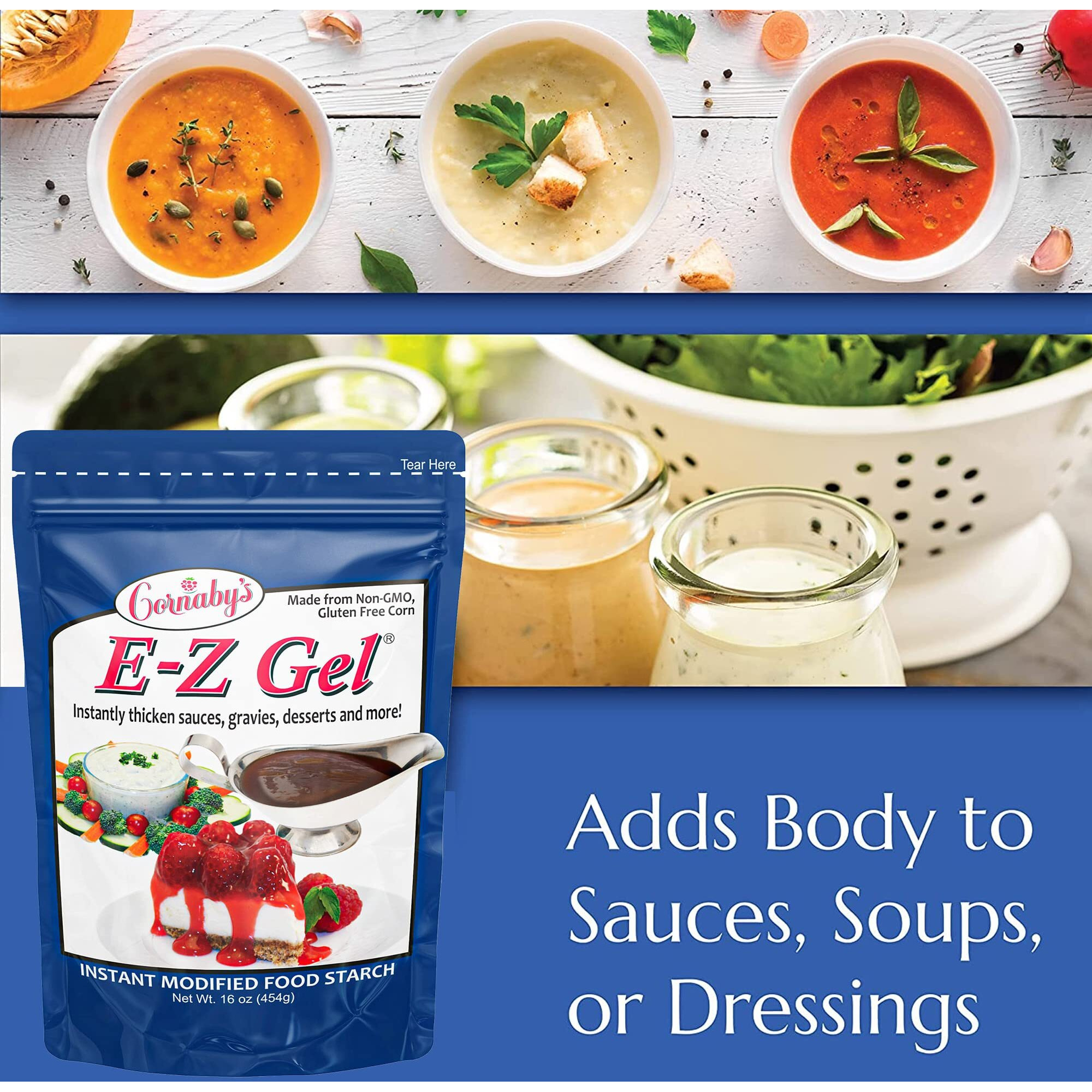 Cornaby's E-Z Gel Instant Food Thickener, 16Oz. (Pack Of 1) | Gluten-Free, Non-Gmo, All-Natural, Instant Food Starch Granules For Thickening Sauces, Soups, Gravy, Desserts, Salad Dressing, And More