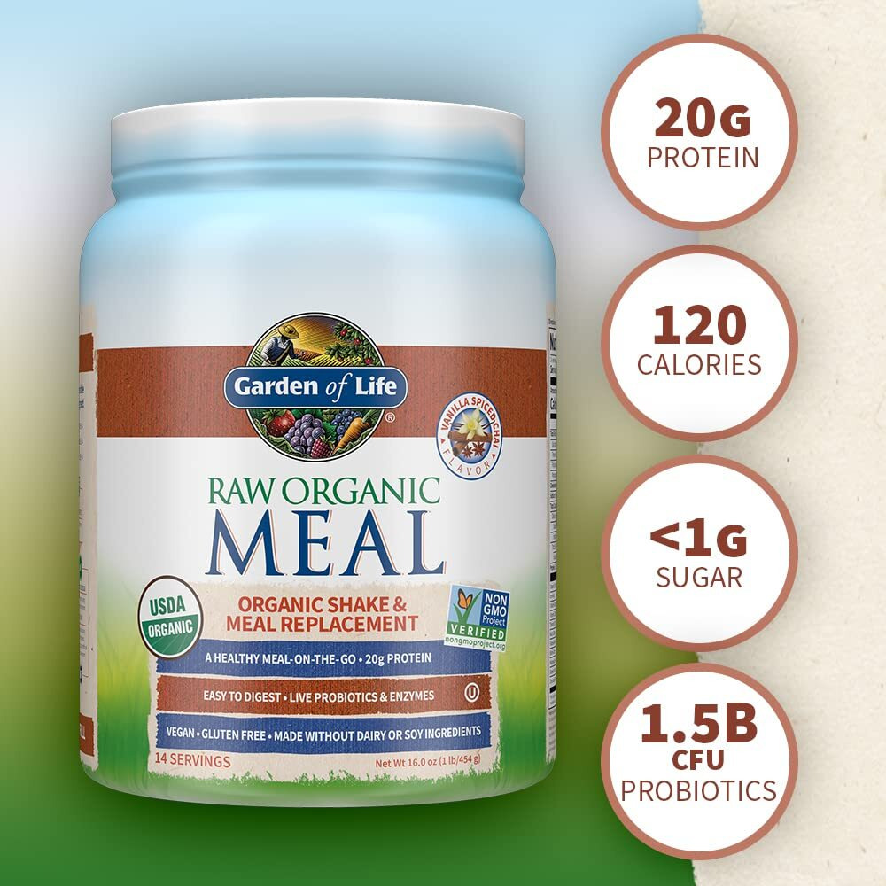 Garden Of Life Meal Replacement Vanilla Chai Powder, 14 Servings, Organic Raw Plant Based Protein Powder, Vegan, Gluten-Free 16 Ounce