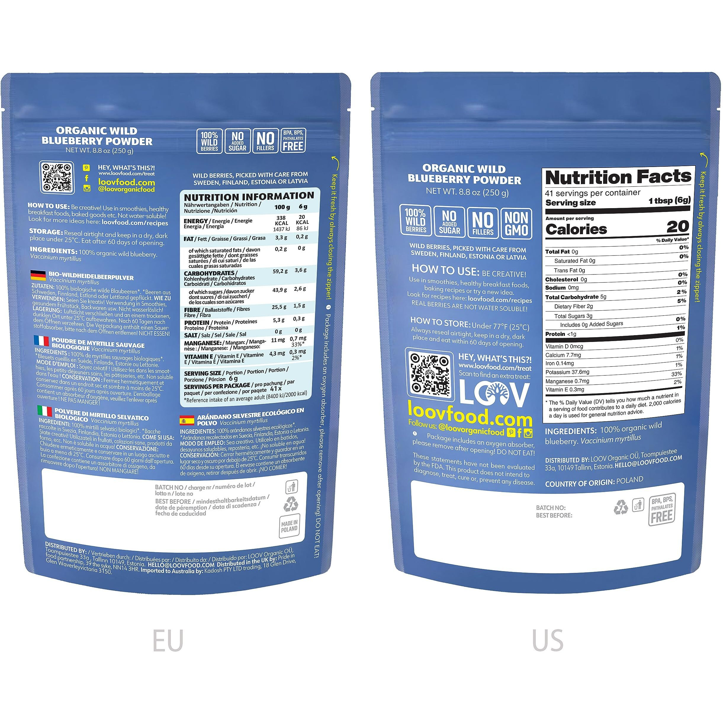 Loov Organic Wild Blueberry Powder - 41-Day Supply, 8.8 Oz, Good For Smoothie & Breakfast, Freeze-Dried, From Northern Europe, No Added Sugar