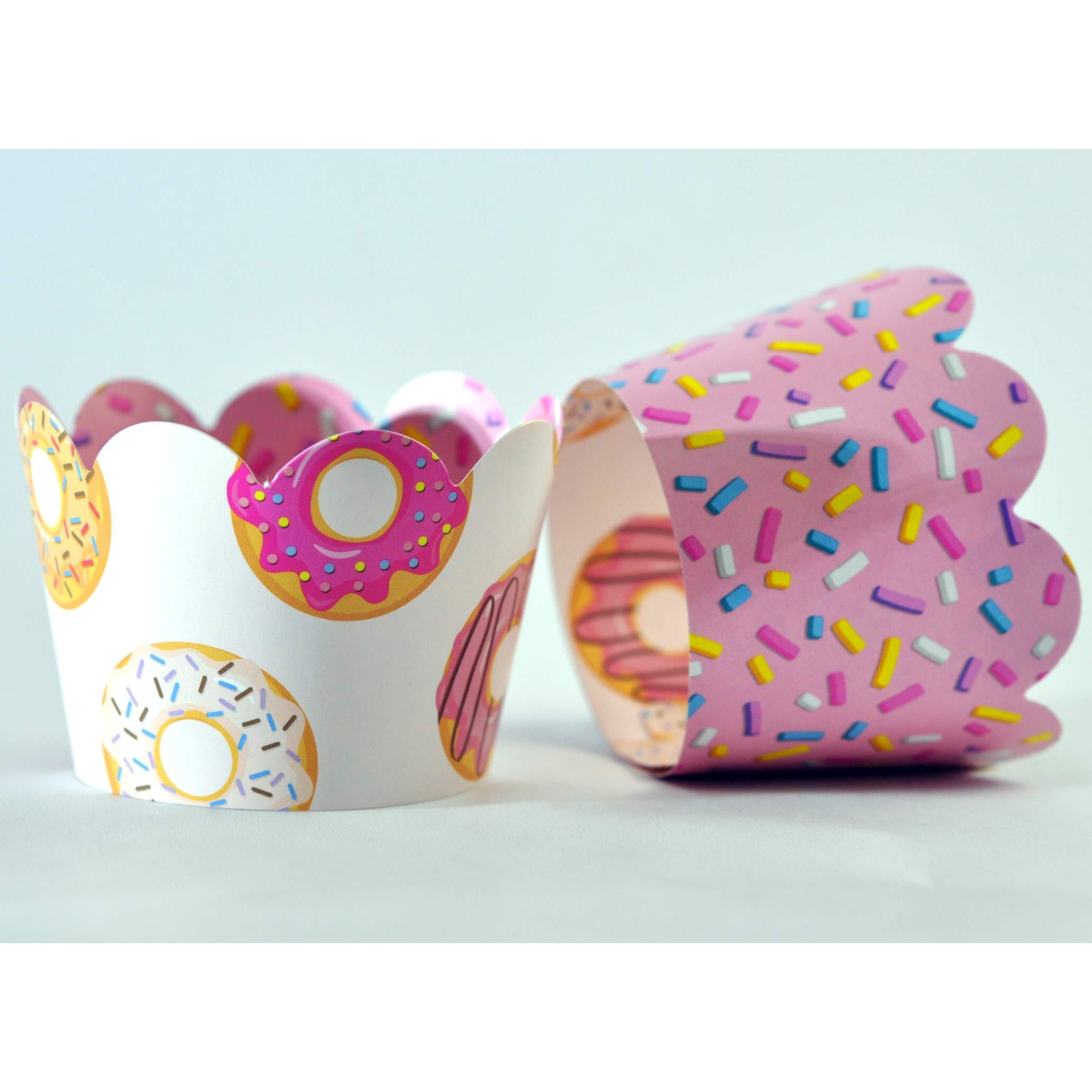Donut Grow Up Doughnut Cupcake Wrappers For Kids Birthday Party Supplies, Two Sweet Celebrations, Sprinkles. Set Of 24 Reversible Donut Pattern To Pink Sprinkles Icing Scalloped Cupcake Holder Wraps