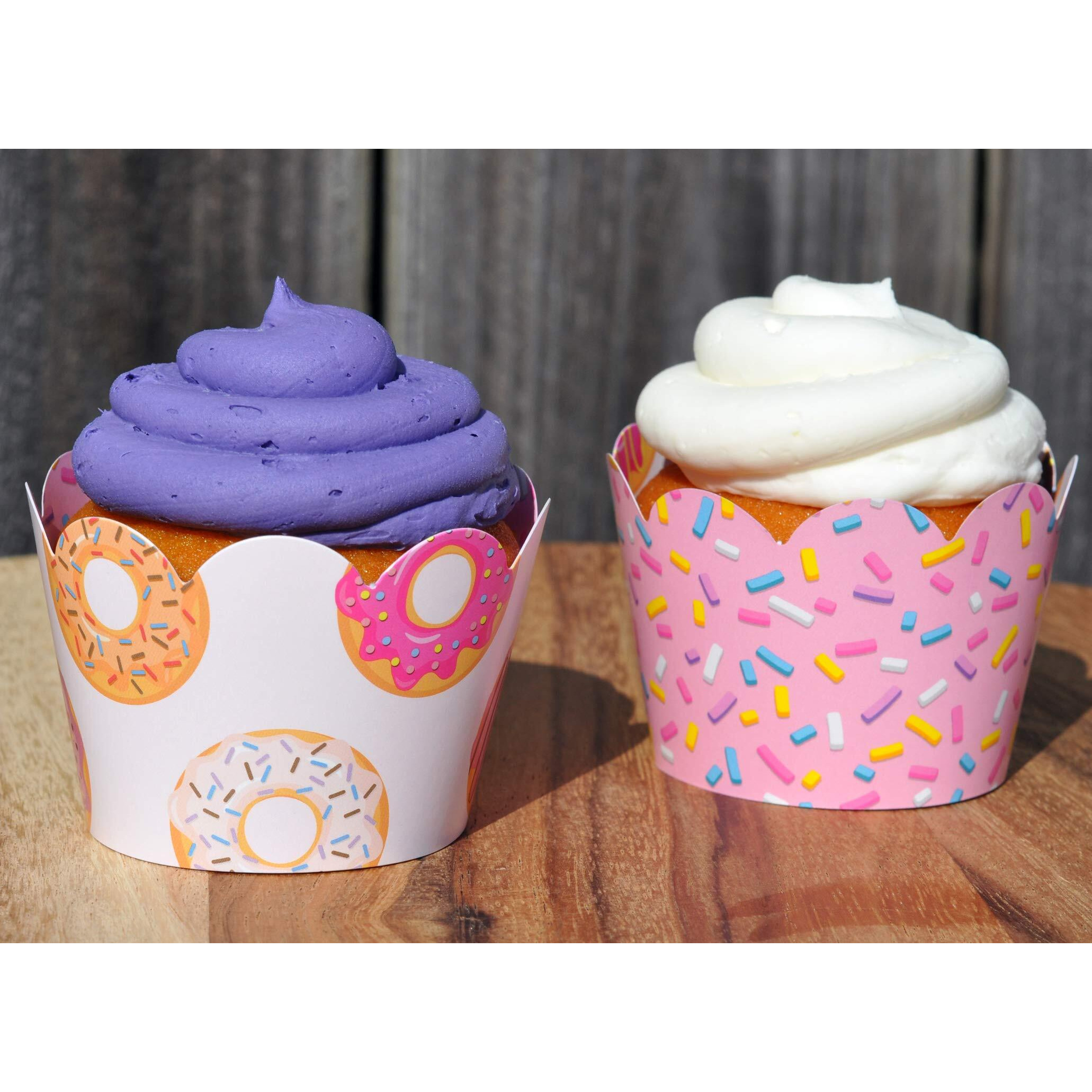 Donut Grow Up Doughnut Cupcake Wrappers For Kids Birthday Party Supplies, Two Sweet Celebrations, Sprinkles. Set Of 24 Reversible Donut Pattern To Pink Sprinkles Icing Scalloped Cupcake Holder Wraps