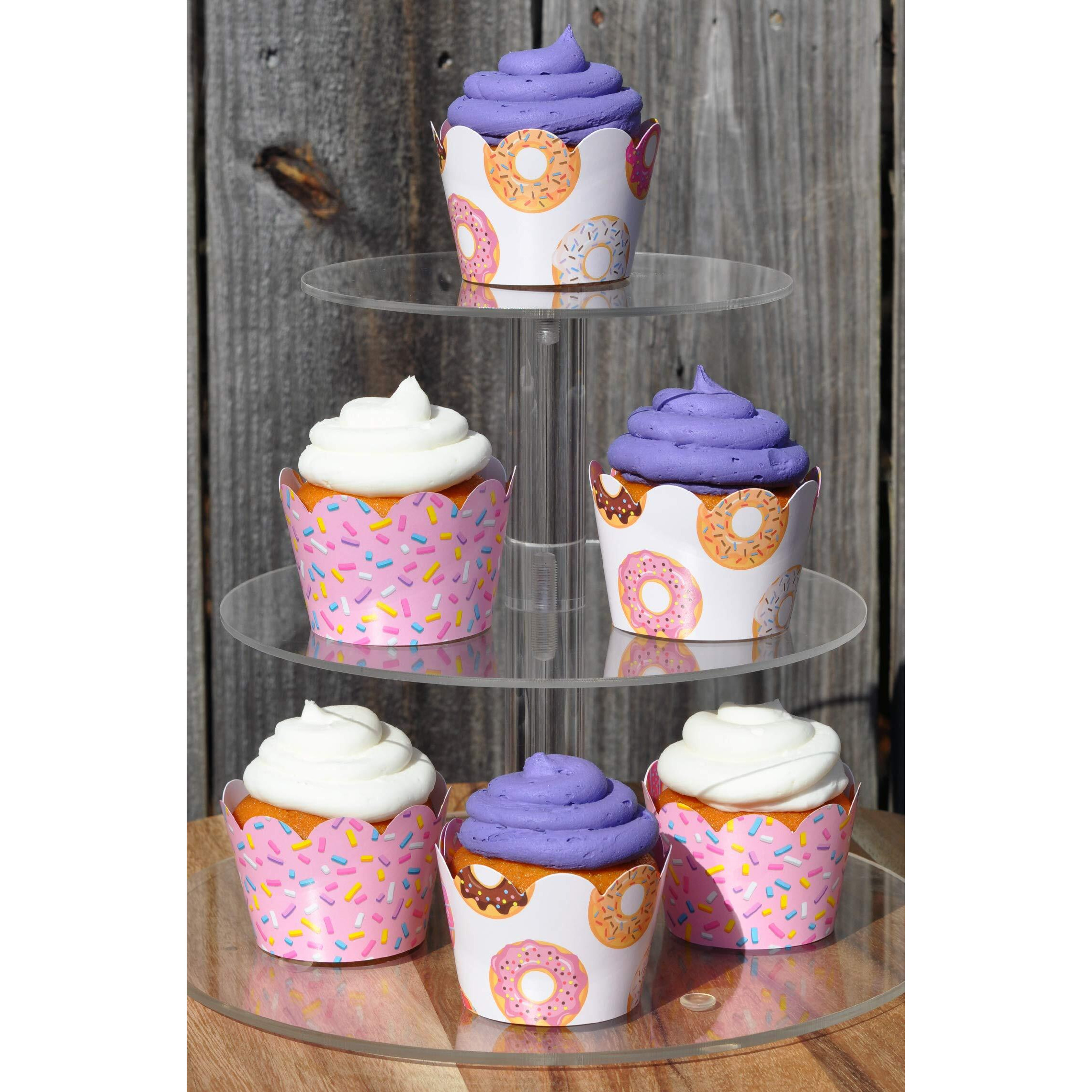 Donut Grow Up Doughnut Cupcake Wrappers For Kids Birthday Party Supplies, Two Sweet Celebrations, Sprinkles. Set Of 24 Reversible Donut Pattern To Pink Sprinkles Icing Scalloped Cupcake Holder Wraps